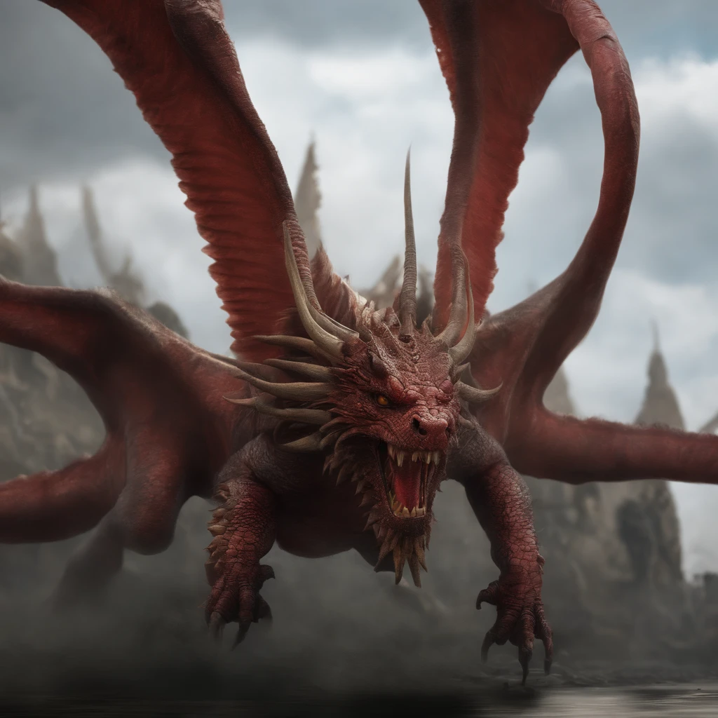 Tenryu Fighter Hall,Rough red eyes,Close-up of the release of flame blood from the nose,Chest scales,high high quality,8K,A lot of detail,Fire lettuce,unhappy,4 legs,Spotted claws,golds,dangers,fires,dentes pontiagudos,big dragon,immensity,threatening,imponent,The woman sits on the back of a dragon