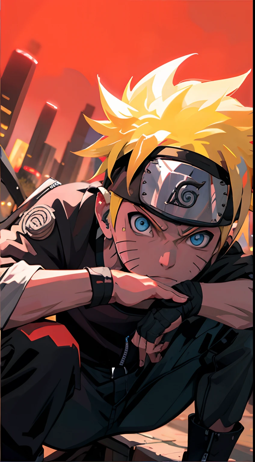 portrait, neon, 1 boy, shonen style, spiky blonde hair, scratches on cheeks, black and red clothing, leather jacket, jeans, boots, bandana with leaf symbol, perfect eyes, cool, blue eyes, full body, color --name Naruto Uzumaki --night background city with futuristic buildings and holograms