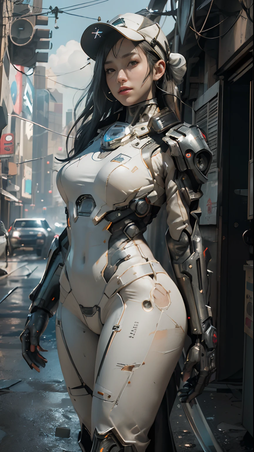 ((best quality)), ((masterpiece)), ((realistic)), (detailed), (photorealistic:1.5), a futuristic girl, (thick body), (white bodysuit), lights on armor, cybernetic headwear, looking at viewer, dynamic pose, post apocalyptic, destroyed city background, buildings on fire, science fiction, hdr, ray tracing, nvidia rtx, super-resolution, unreal 5, subsurface scattering, pbr texturing, post-processing, anisotropic filtering, depth of field, maximum clarity and sharpness, rule of thirds, 8k raw, (luminescent particles:1.4), (extremely detailed cg, unity 8k wallpaper, 3d, cinematic lighting, lens flare), reflections, sharp focus, cyberpunk art, cyberpunk architecture,