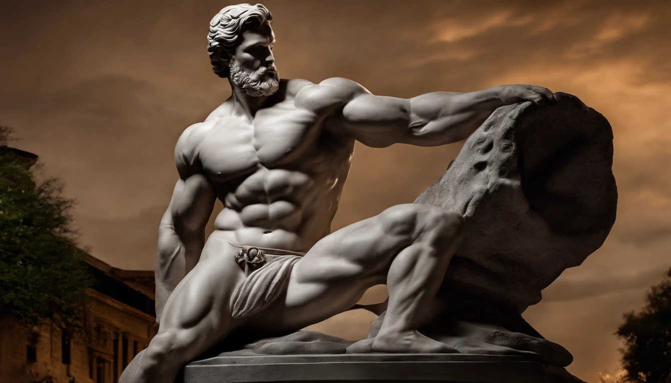 A white marble statue of a muscular, Hombre barbudo con una mirada severa en una plaza oscura por la noche, in the style of photographers Annie Leibovitz and Peter Lindbergh.