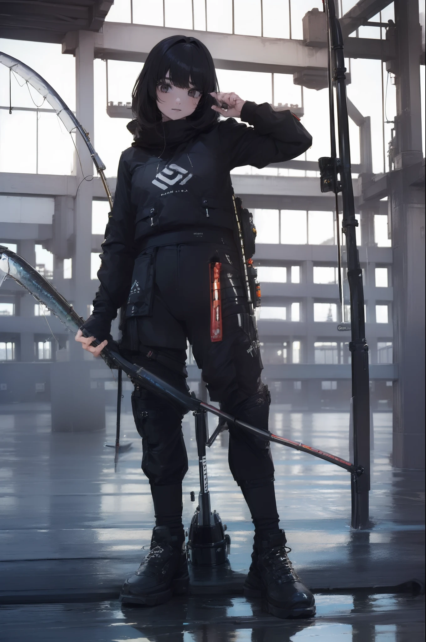 ((((Have a fishing rod with a reel:1.5)))),((Female 28 years old)),((Best Quality:1.5)),(((Fine fingers、Ratio 4 fingers and 1 thumb,detailed arms,detailed human hands))),(((Hands with the correct number and structure of fingers:1.4))),((Lakeside:1.37)),hight resolution,ultra-detailliert,​masterpiece,best qualtiy,(Eight-headed body),(1 fishing rod,Holding a fishing rod in your hand,Fishing lure rod,Fishing Reels,Long Sleeve Outdoor Vest,Long pants for fishing,Big backpack),thin and long legs,Beautiful hip line,Beautiful spine,constricted back,Toned waist,beutiful breast),,Gentle smile,shiny lip,(1 fishing rod,Straight stretch fishing rod,Long fishing rod,Woman fishing with fishing rod in hand),Black hair, long eyeslashes, Solid Circle Eyes, drop shadow, Atmospheric perspective,Super Detail, ccurate, small brest,top-quality, blurry backround, bokeh dof:1.2, (​masterpiece:1.3), Atmospheric perspective,Super Detail,dynamic compositions, Ultra High Quality,