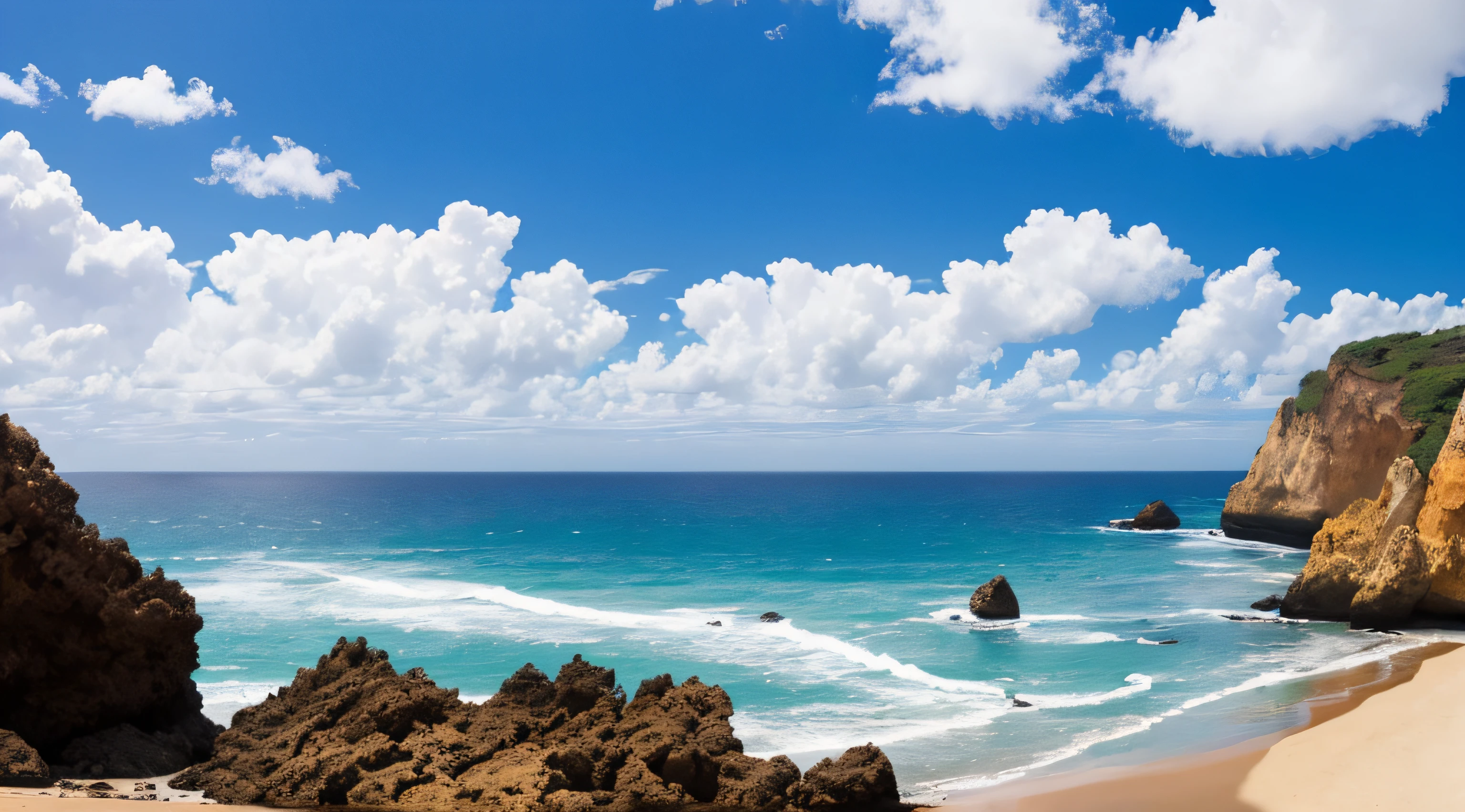 praia,mar, com o ceu amanhecendo detalhado, com coqueiros, photorealista, realista, paletas amarelado, Alta difinição, bem detalhado, mar azul, e coqueiros verdes, realista, fotos, barco ao fundo