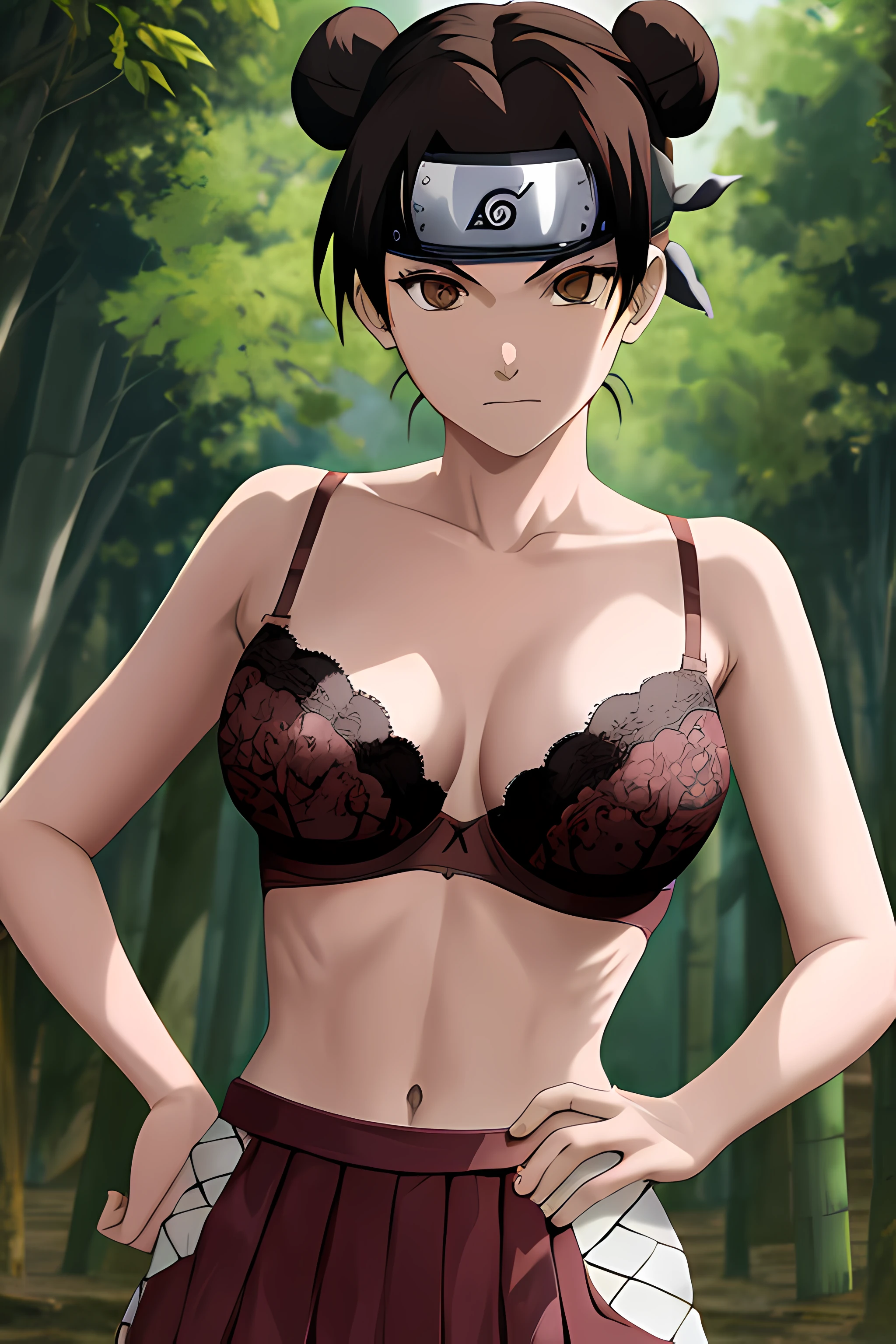 masterpiece, absurdres , (intricate details), (colorful),cinematic lighting,bust shot,extremely detailed CG unity 8k wallpaper,tenten\(shippuden\), 1girl, solo, miniskirt ,(lace bra), hand on hip,forehead protector, konohagakure symbol, headband, looking at viewer, outdoors, bamboo forest, frown, (large breasts), (skinny waist), ((sexy pose))