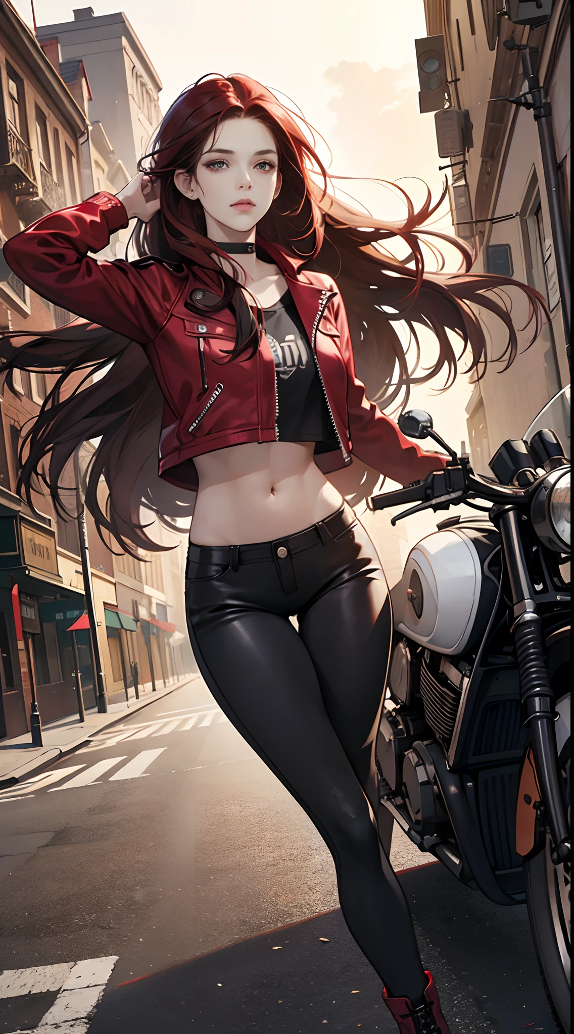 (Best Quality,4K,hight resolution), An 18-year-old woman,Red mesh hair on black hair, length hair,straight haired,Cool Woman,sharp eye,Sleepy face,Delicately drawn illustrations,realistic representation,gothic atmosphere,Visual kei,Oversized Rock T-Shirt,Dowel dowel feeling,a red choker,Tight pants,razor,cross belt,Woman riding a classic bike, Beautuful Women,Red long hair, full scene shot, Best Quality, Streets in the city center, Steppe road, blows wind, Beautuful Women, Outdoor Scene, dark red hair, Natural view, Red Riders Jacket, Navel Ejection, Highly detailed facial and skin texture, Detailed eyes,, Full body, modeled, Octane Render,Two-tone lighting,Wide aperture,Low ISO,White Balance, Driving a classic motorcycle, landscape