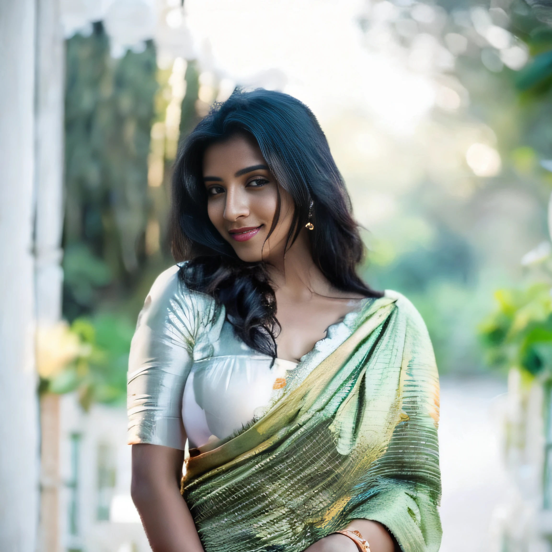 a srilanka female model 25yo long black hair, white sari withbig  breast posing for a picture, draped in fleshy off white and green, with lovely look, stylish pose, mid shot portrait,  shot on 1 5 0 mm, * out door background *, realistic photograph, traditional beauty, with a seductive smile, photo hd, by rajesh soni, with beautiful colors,   ((film grain, skin details, high detailed skin texture, 8k hdr, dslr)), photography taken by sony DSLR, Hd image