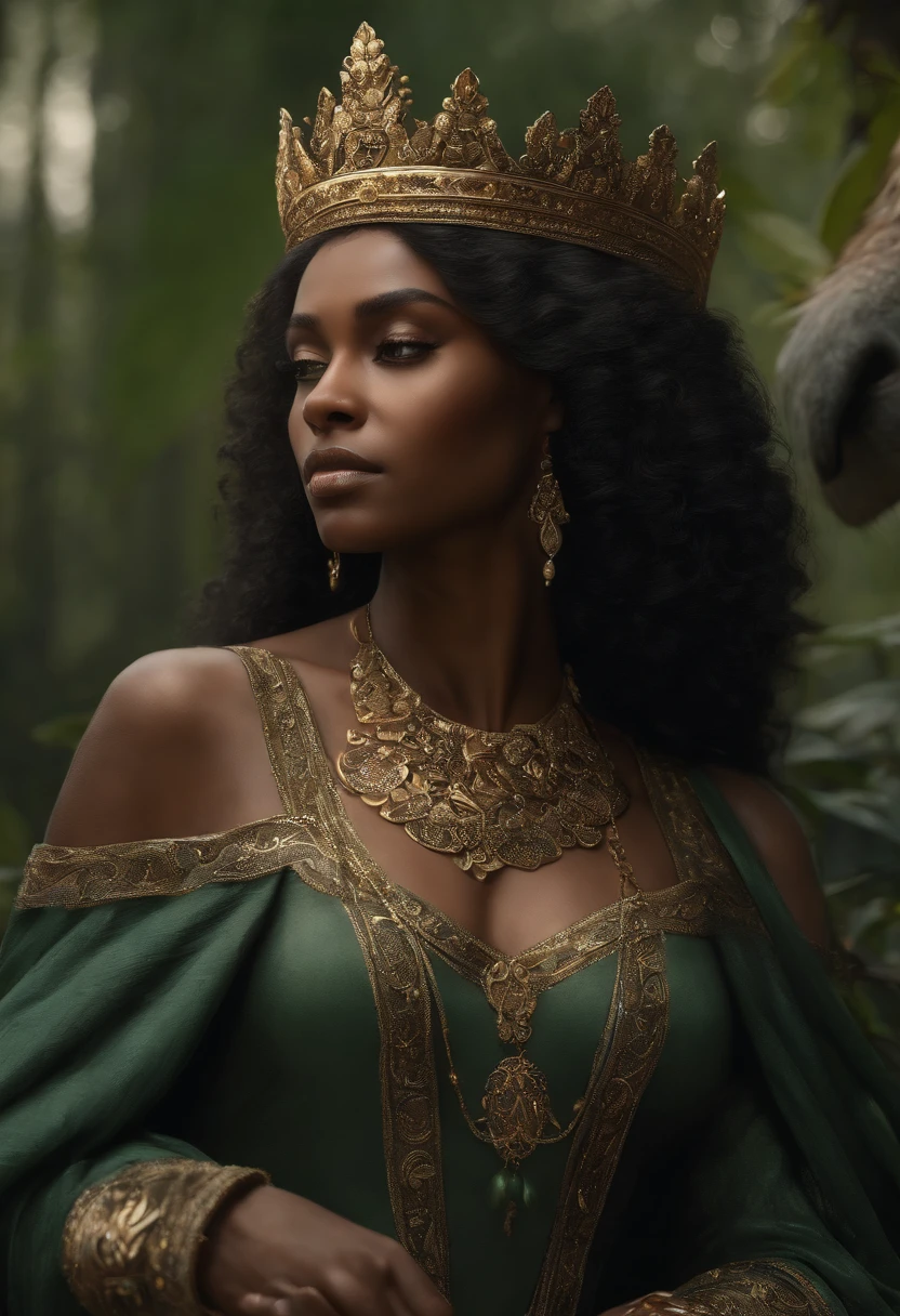 modelshoot style, (extremely detailed CG unity 8k wallpaper), full shot body photo of the most beautiful artwork in the world, medieval queen, green vale, dark skin, black woman, golden crown, diamonds, medieval architecture, professional majestic oil painting by Ed Blinkey, Atey Ghailan, Studio Ghibli, by Jeremy Mann, Greg Manchess, Antonio Moro, trending on ArtStation, trending on CGSociety, Intricate, High Detail, Sharp focus, dramatic, photorealistic painting art by midjourney and greg rutkowski