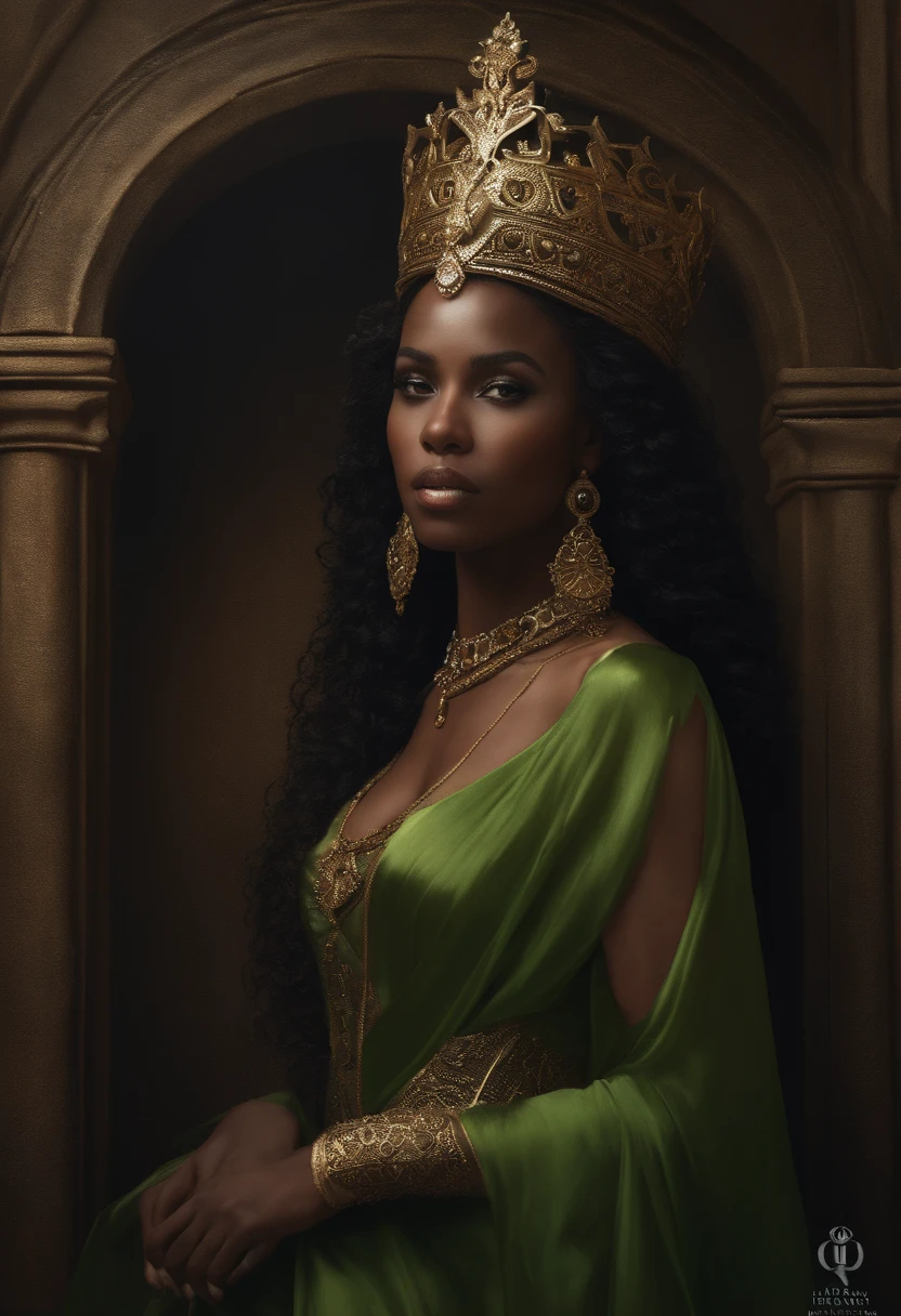 A woman in a green dress and gold crown - SeaArt AI