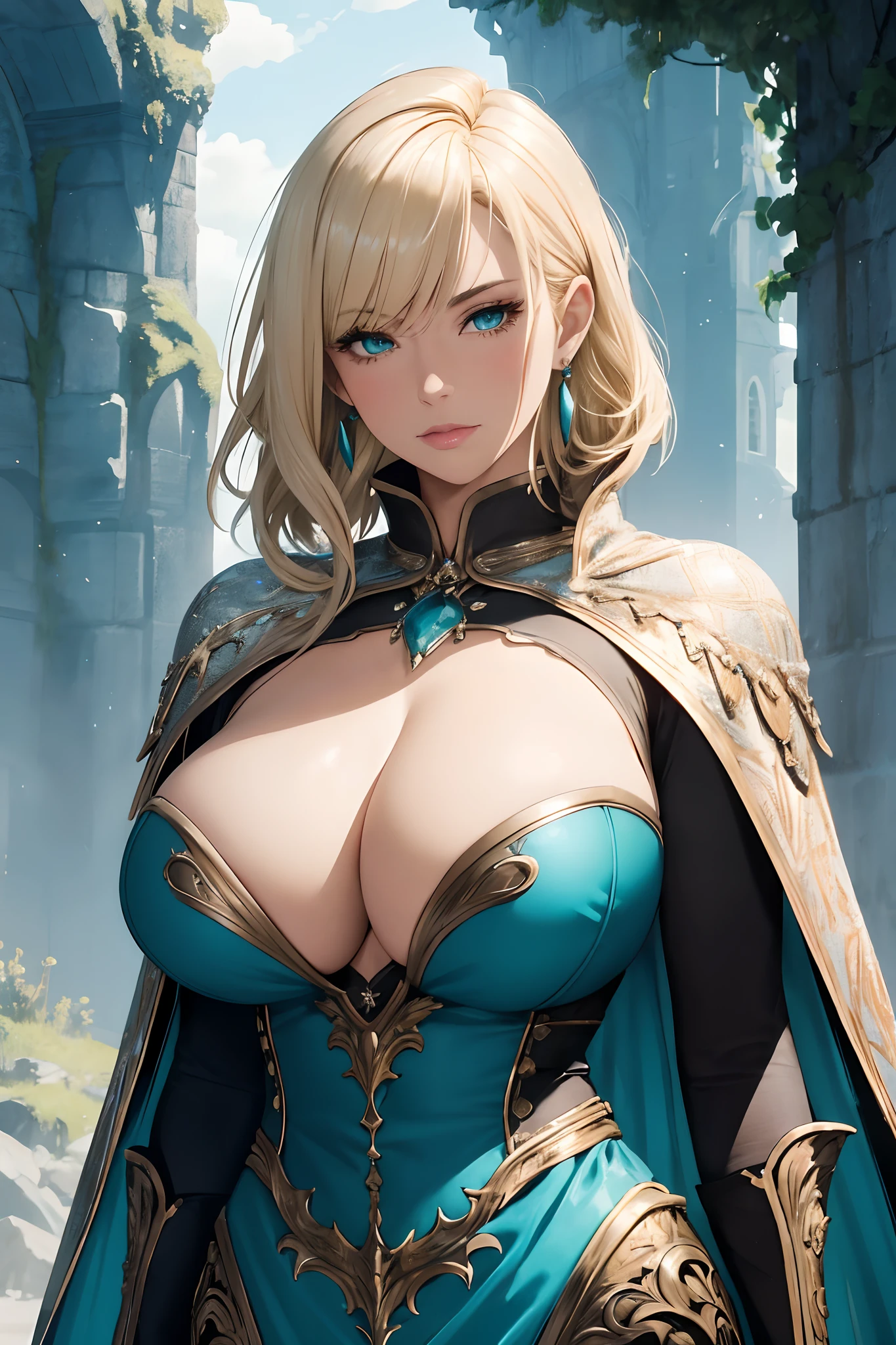 masterpiece, best quality, 1woman adult, older milf, solo, highlight blonde hair, vibrant aqua eyes, medium hair with fringe, looking at viewer, cape, High quality metal texture, closed mouth, full body view, bangs, high collar,(kbxll:0.6), Fantasy aesthetics, fantasy earring, Highly detailed, thicc body, gigantic breasts, large areola