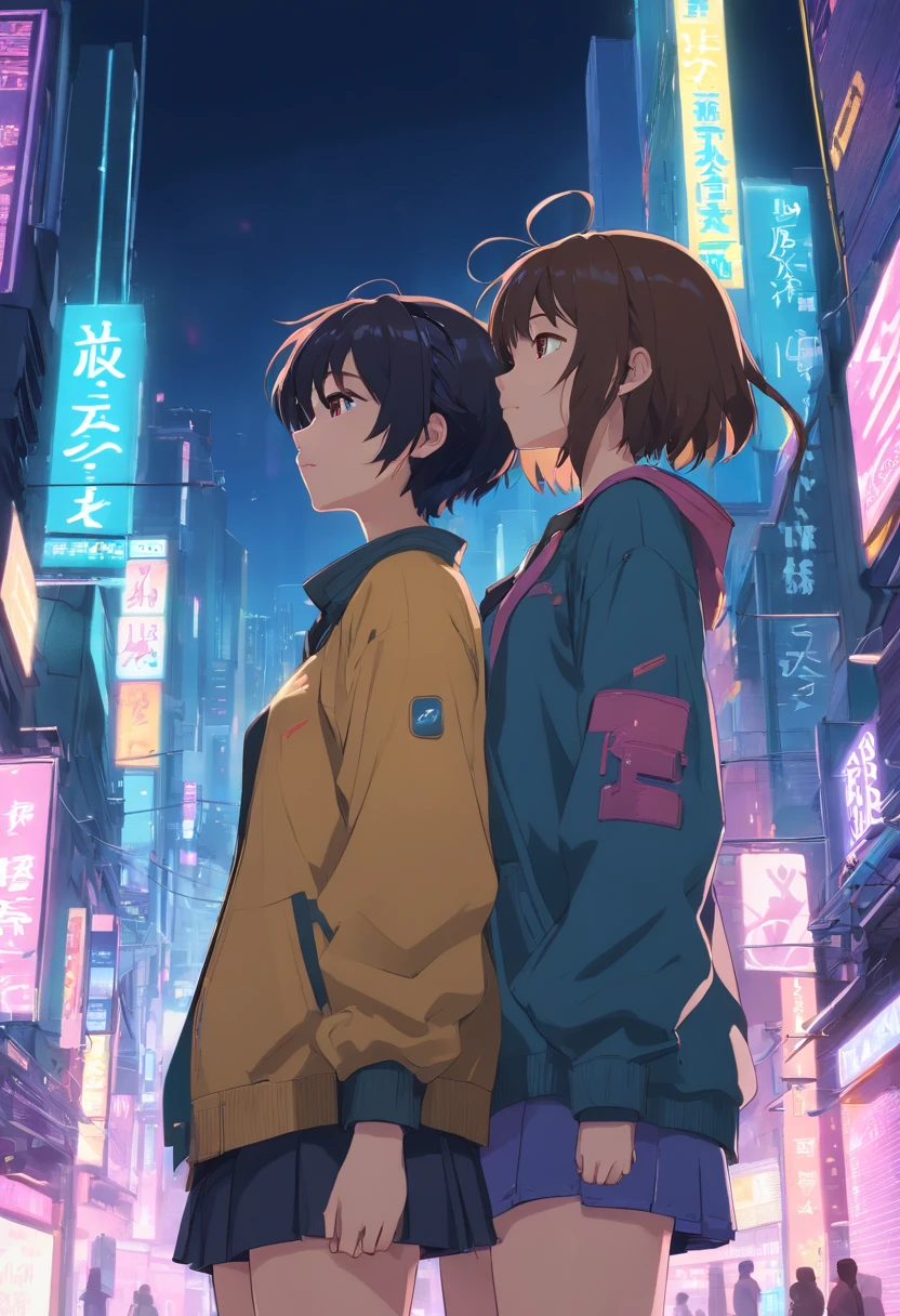 melhor qualidade, Ultra high resolution, (kissing girls) 2 cyber punk girls, se beijando, amor, namoradas, camisa branca sem mangas, saia preta, gargantilha preta, fofa, (kpop idol), (aegyo sal:1), (cabelo loiro platinado:1), ((olhos inchados)), de frente, cyberpunk