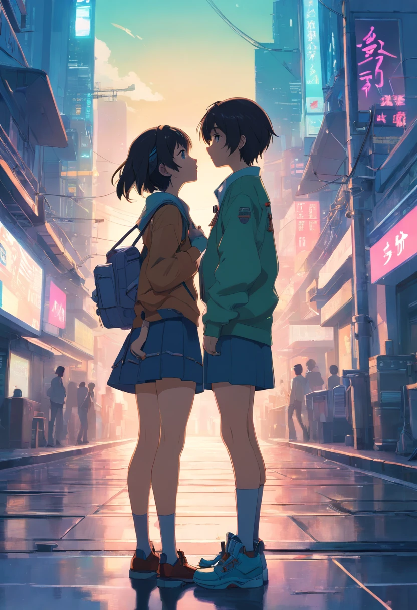 melhor qualidade, Ultra high resolution, (kissing girls) 2 cyber punk girls, se beijando, amor, namoradas, camisa branca sem mangas, saia preta, gargantilha preta, fofa, (kpop idol), (aegyo sal:1), (cabelo loiro platinado:1), ((olhos inchados)), de frente, cyberpunk