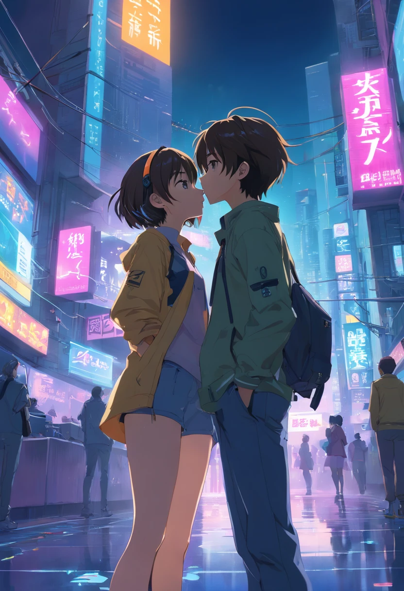 melhor qualidade, Ultra high resolution, (kissing girls) 2 cyber punk girls, se beijando, amor, namoradas, camisa branca sem mangas, saia preta, gargantilha preta, fofa, (kpop idol), (aegyo sal:1), (cabelo loiro platinado:1), ((olhos inchados)), de frente, cyberpunk
