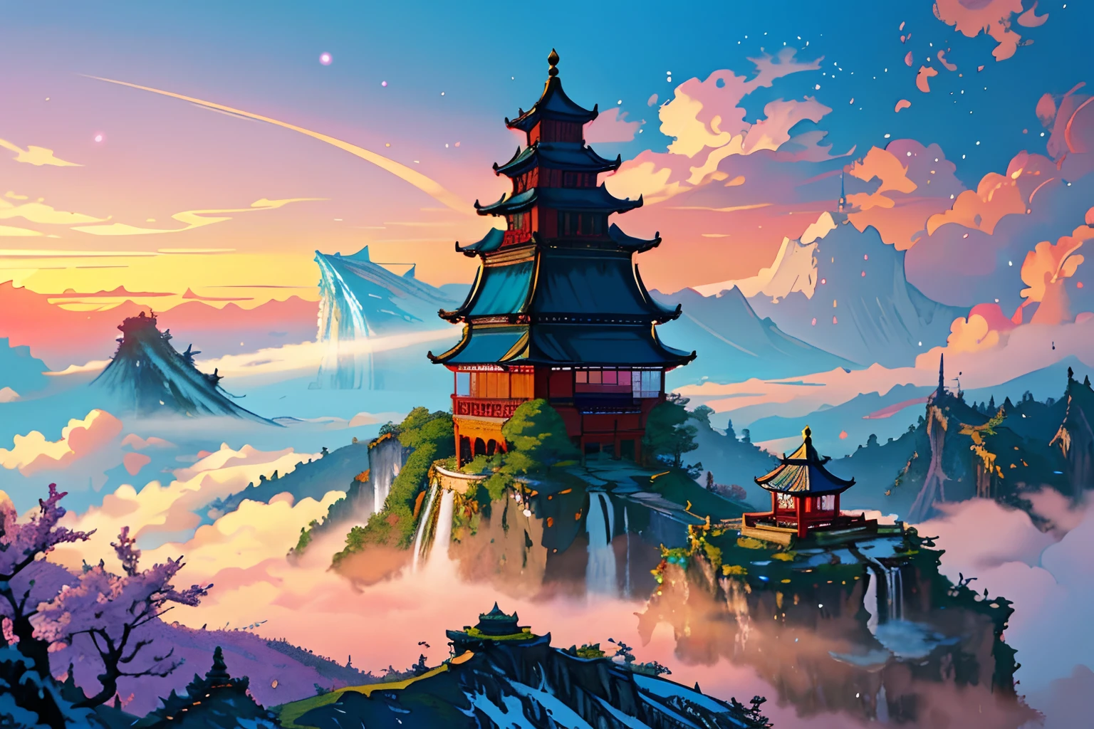 Create a vivid description of a majestic Chinese kingdom nestled among the clouds in a breathtaking fantasy landscape. Glimpse cascading waterfalls of iridescent mist, opulent floating palaces adorned with intricate spires, and ethereal gardens where vibrant, The otherworldly flora blooms in the soft glow of an eternal sunset
