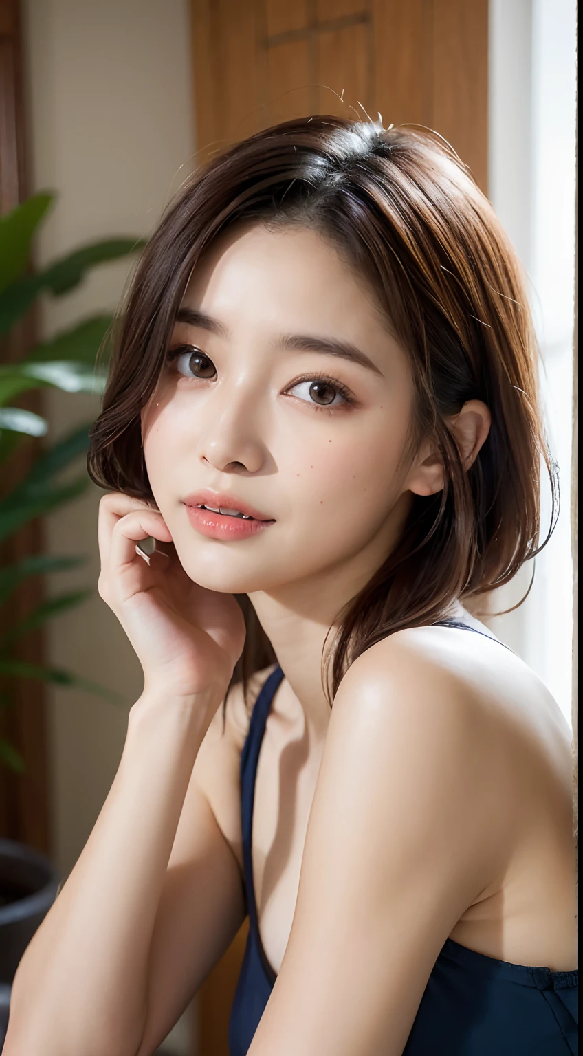 8K, Ultra-high resolution, Highest quality, masterpiece, 三分割法によるphotograph,Surreal, photograph, 1 girl, (:1.3), pretty girl, Cute face, Beautiful eyes in every detail, 細かくdetailedに,masterpiece,, One Girl:1.2, Japan Female Announcer,whole body,Young Wife,High-cut swimsuit for competitive swimming、Digging into the crotch,Full of cleanliness,A carefree smile,Healing the heart,short hair,Looking at the audience、beauty,Long neck、Laugh a little、Please close your mouth and laugh、(((Ideal body type))),A-cup small breasts :2,、Portraiture:2、Perfect Anatomy、鮮明なdetailed、detailed、Surreal、Light and shadow,Strong light