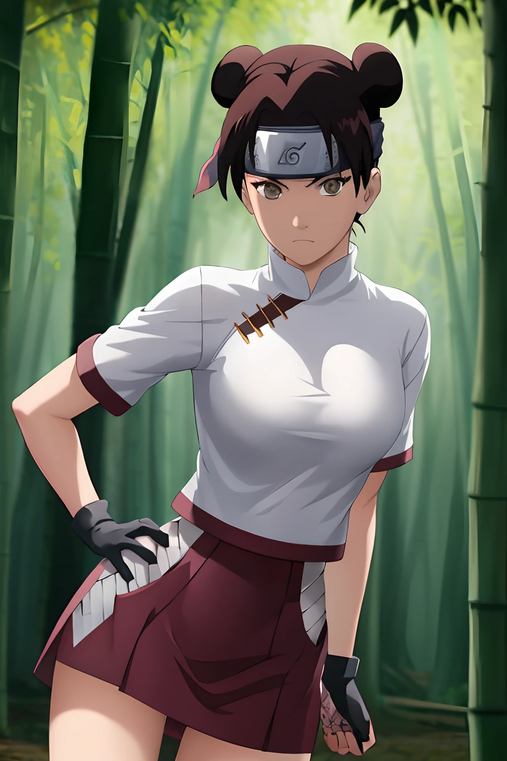 masterpiece, absurdres , (intricate details), (colorful),cinematic lighting,bust shot,extremely detailed CG unity 8k wallpaper,tenten\(shippuden\), 1girl, solo, miniskirt ,(t shirt), hand on hip,forehead protector, konohagakure symbol, headband, looking at viewer, outdoors, bamboo forest, frown, (large breasts), (skinny waist), ((sexy pose))