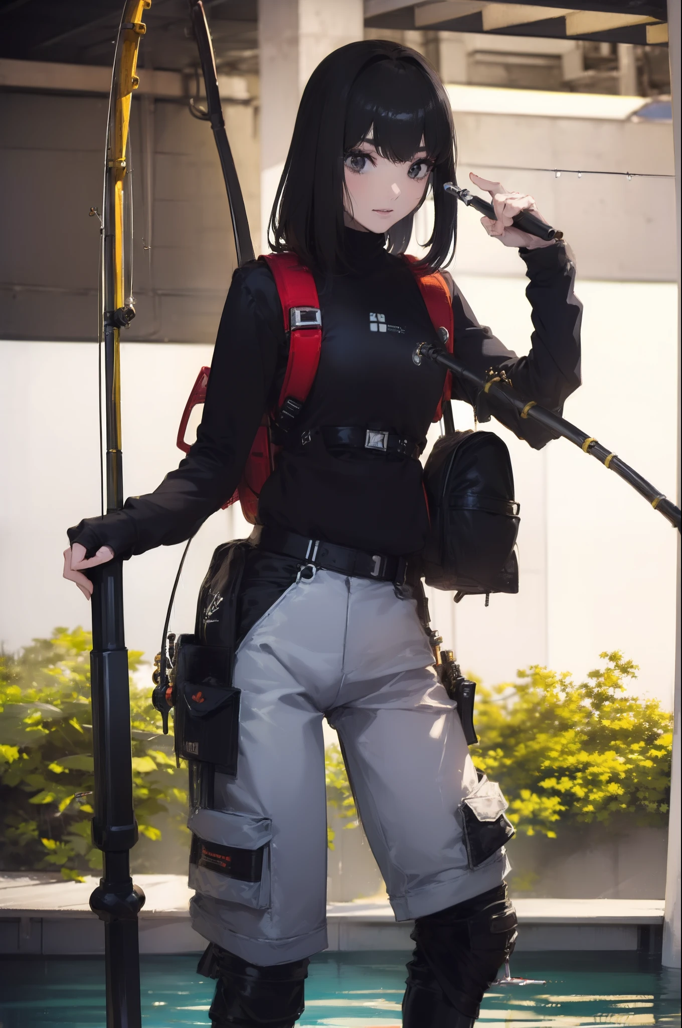 ((((Have a fishing rod with a reel:1.5)))),((Female 28 years old)),((Best Quality:1.5)),(((Fine fingers、Ratio 4 fingers and 1 thumb,detailed arms,detailed human hands))),(((Hands with the correct number and structure of fingers:1.4))),((Lakeside:1.37)),hight resolution,ultra-detailliert,masterpiece,best qualtiy,(Eight-headed body),(1 fishing rod,Holding a fishing rod in your hand,Fishing lure rod,Fishing Reels,Long Sleeve Outdoor Vest,Long pants for fishing,Big backpack),thin and long legs,Beautiful hip line,Beautiful spine,constricted back,Toned waist,beutiful breast),,Gentle smile,shiny lip,(1 fishing rod,Straight stretch fishing rod,Long fishing rod,Woman fishing with fishing rod in hand),Black hair, long eyeslashes, Solid Circle Eyes, drop shadow, Atmospheric perspective,Super Detail, ccurate, small brest,top-quality, blurry backround, bokeh dof:1.2, (masterpiece:1.3), Atmospheric perspective,Super Detail,dynamic compositions, Ultra High Quality,