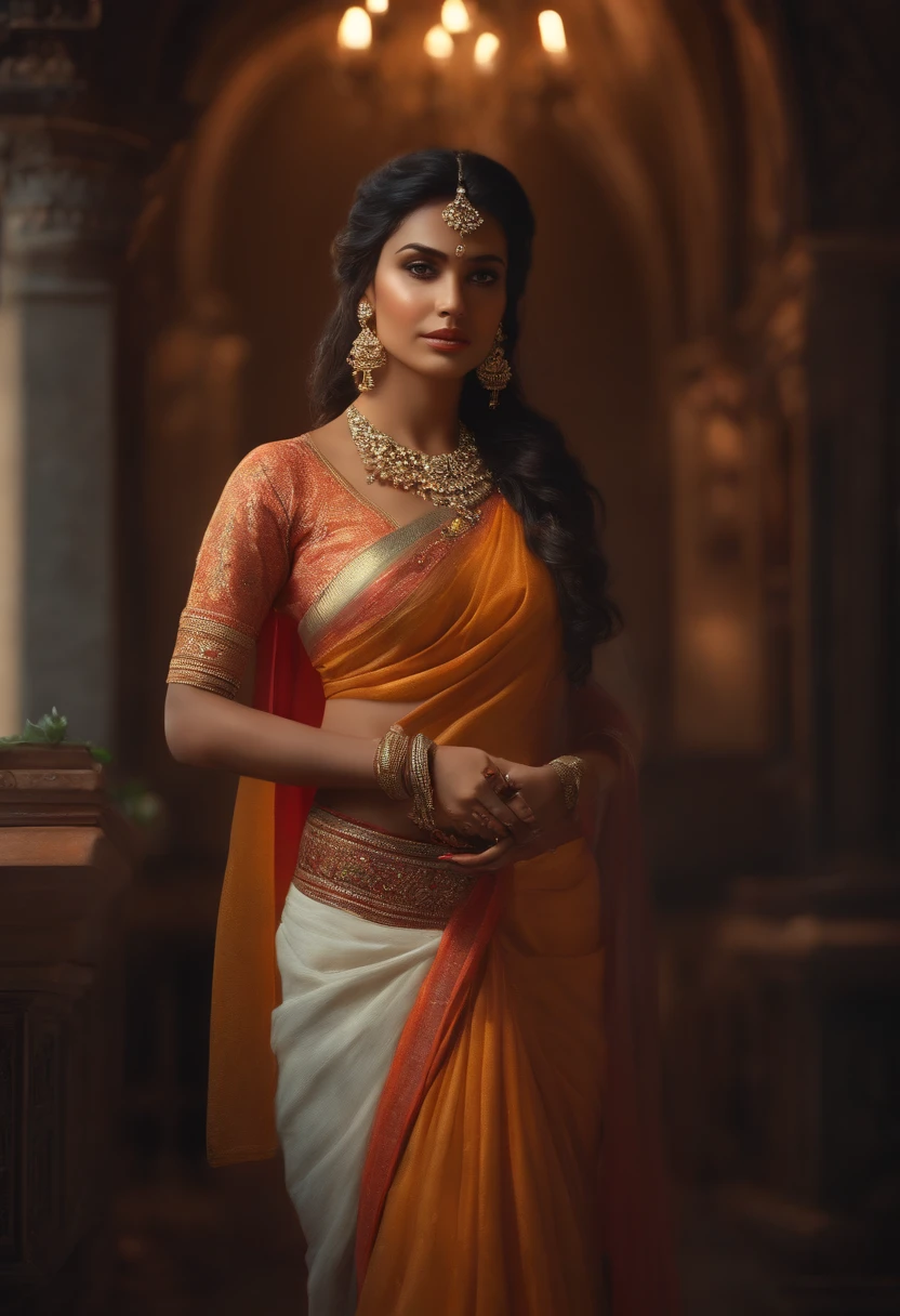indian girl, 30 year old, wearing saree and indian attire, wearing gold ornament, sitting in a palace room, photograph by artgerm and (greg rutkowski:0.3), portrait photo, (cinematic:0.4) lighting
