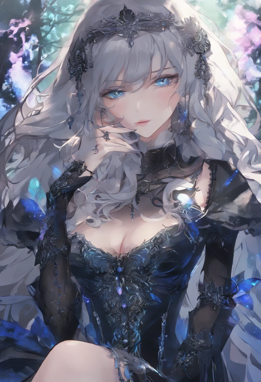 A mesmerizing portrait of a young woman in a translucent dress, dark blue leather clothes, cloak, blue black cloak, mixed French and Cuban ancestry, light blue eyes, dark brown hair with silver highlights, medium size breasts, drenched in rain, look of disapproval, fantasy art, dnd art, rpg art, a female human mage (best details, Masterpiece, best quality :1.5), controlling magical energy made of electricity, human female (best details, Masterpiece, best quality :1.5), extremally beautiful (best details, Masterpiece, best quality :1.5), ultra feminine (best details, Masterpiece, best quality :1.5), proper eye position, natural skin, backlight, cinematic light, rim light, soft light, hips, bare thighs, in night time, forest background, detailed color graded background, intricate , highly detail, octane render, HD, 8k
