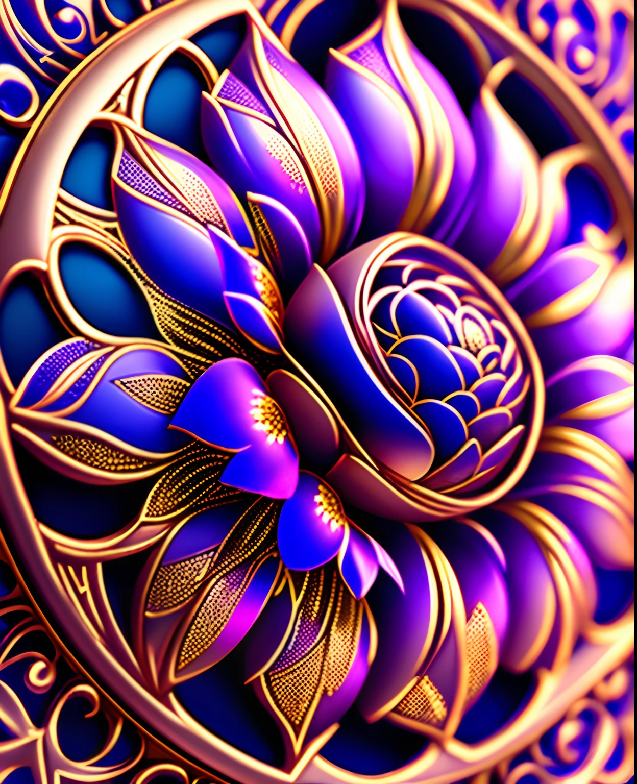 Ornate pattern and woman a flower , ouro e iridescente, luzes do sul, roxo, azul, rosa suave, intricate pattern, render maya, maximum detail, UHD, fotorrealista 32k, HDR, render de alta octanagem