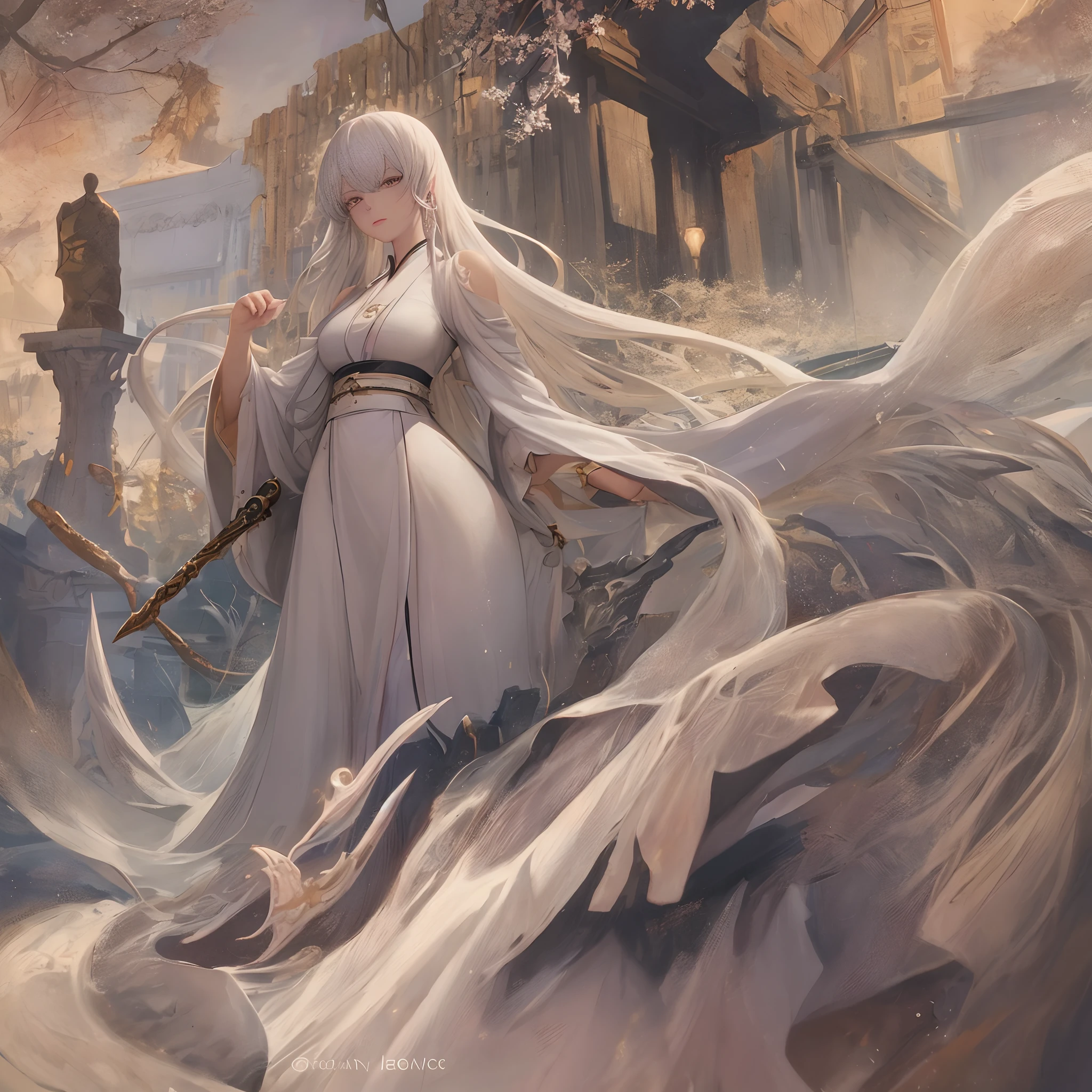 a close up of a woman with a sword in a white dress, a character portrait by Yang J, trending on cgsociety, fantasy art, beautiful character painting, artwork in the style of guweiz, guweiz, white hanfu, flowing white robes, full body wuxia, epic exquisite character art, stunning character art, beautiful female assassin