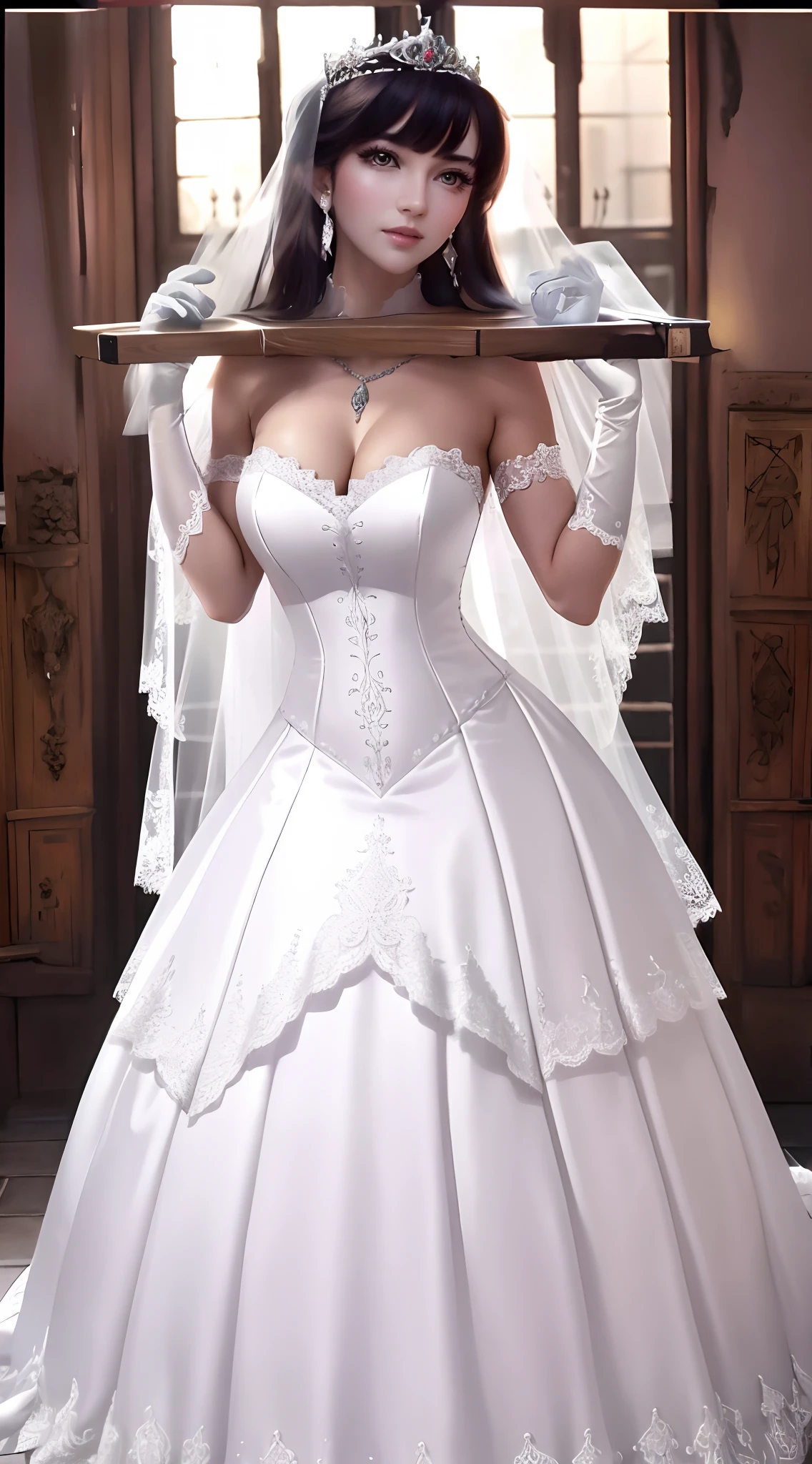 Close-up of a beautiful bride wearing a beautiful wedding dress, Gurwitz,(Pillory:1.5), (flail:1.2), flail on the head, flail on the hands,full body photo, whole body, (bridal veil: 1.5), (transparent short veil: 1.5), flushed face, head flower, tiara, Very detailed princess wedding dress,(tube wedding dress: 1.5), (silk dress: 1.2 ), (strapless wedding dress: 1.5), (floor length skirt:1.2), pure white dress,white long skirt, necklace, earrings, (huge breasts: 1.3), deep V heart-neck wedding dress, bangs, lipstick, (lace gloves: 1.3), high detail RAW Color art,
