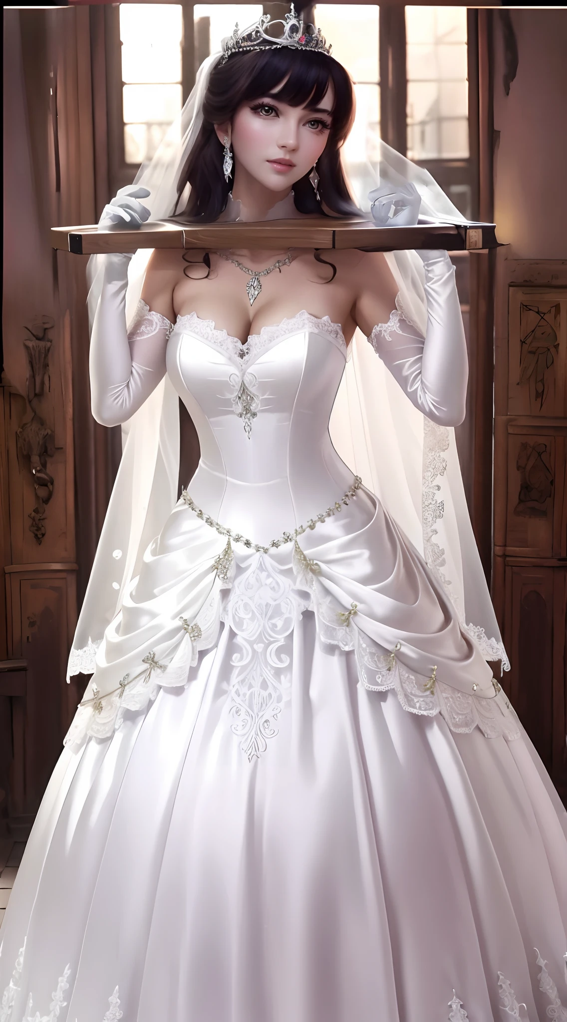 Close-up of a beautiful bride wearing a beautiful wedding dress, Gurwitz,（Pillory：1.5）, （flail：1.2）,  flail on the head, flail on the hands,full body photo,  whole body, (bridal veil: 1.5), (transparent short veil: 1.5), flushed face, head flower, tiara, Very detailed princess wedding dress,(tube wedding dress: 1.5), (silk dress: 1.2 ), (strapless wedding dress: 1.5), （floor length skirt：1.2）, pure white dress,white long skirt, necklace, earrings, (huge breasts: 1.3), deep V heart-neck wedding dress, bangs, lipstick, (lace gloves: 1.3),  high detail RAW Color art,