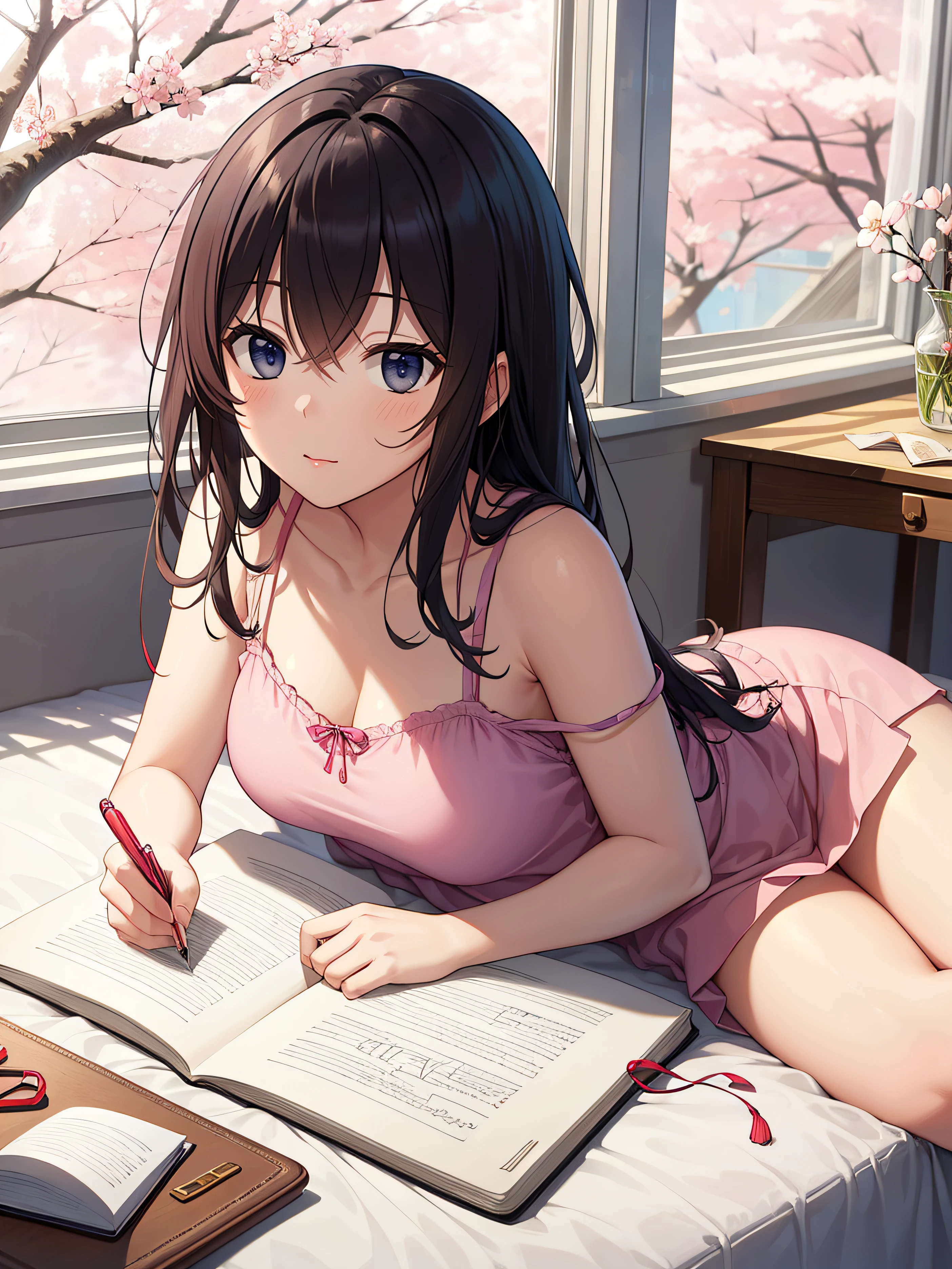 cute anime girl lying on bed, writing in journal, cute cat on bed, cherry blossom outside window