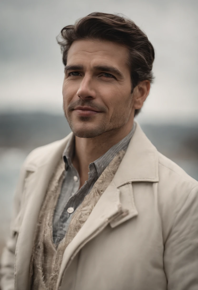 (Melhor qualidade, 8k, 32k, obra-prima, UHD: 1.2) Homem 30 anos de terno luxuoso, com detalhes prateados, standing and looking soft forward , ((barbeado liso))