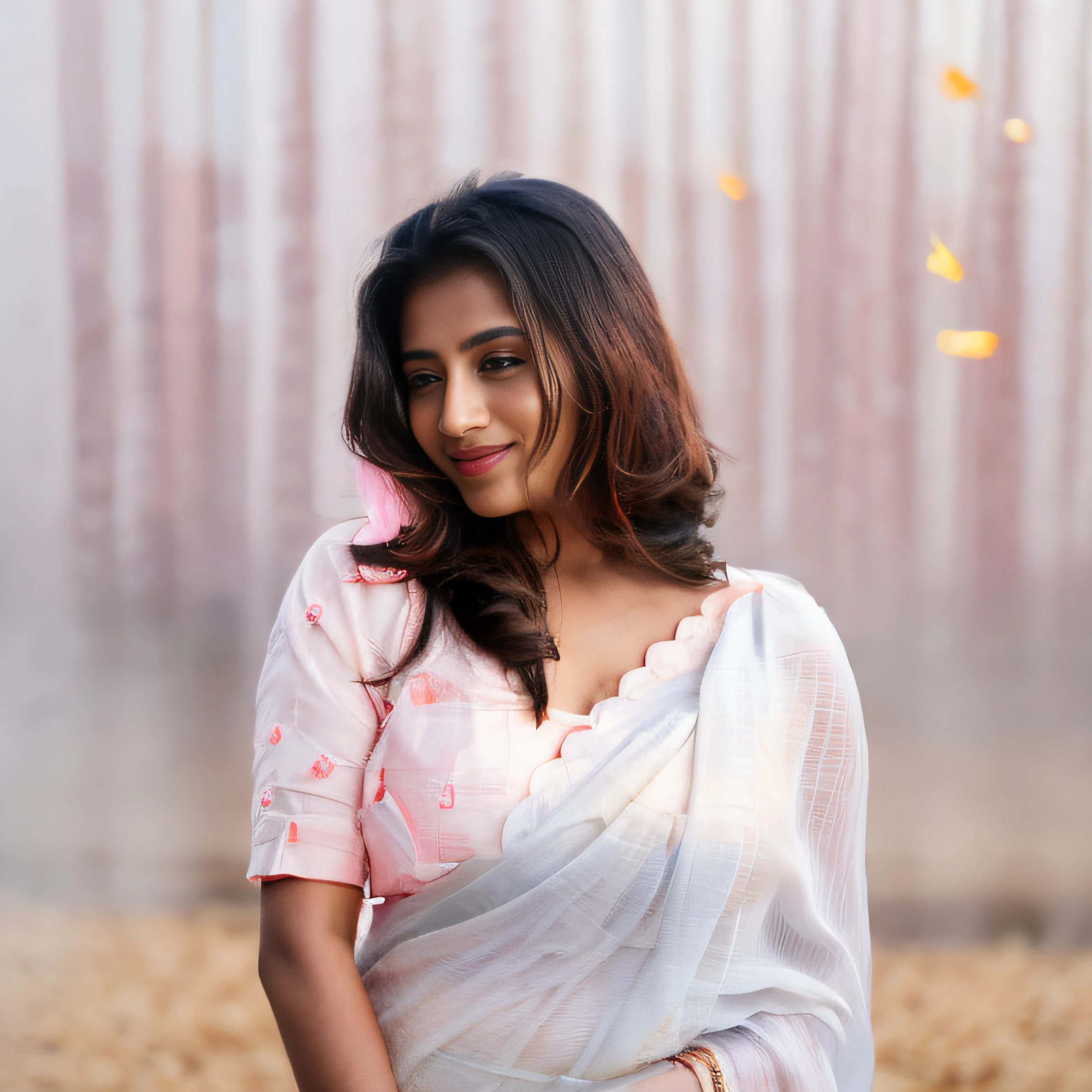 a srilanka female model 25yo in a white cotton sari posing for a picture, draped in fleshy off white and pink, with lovely look, stylish pose, mid shot portrait,  shot on 1 5 0 mm, * out door background *, realistic photograph, traditional beauty, with a seductive smile, photo hd, by rajesh soni, with beautiful colors,   ((film grain, skin details, high detailed skin texture, 8k hdr, dslr)), photography taken by sony DSLR, Hd image