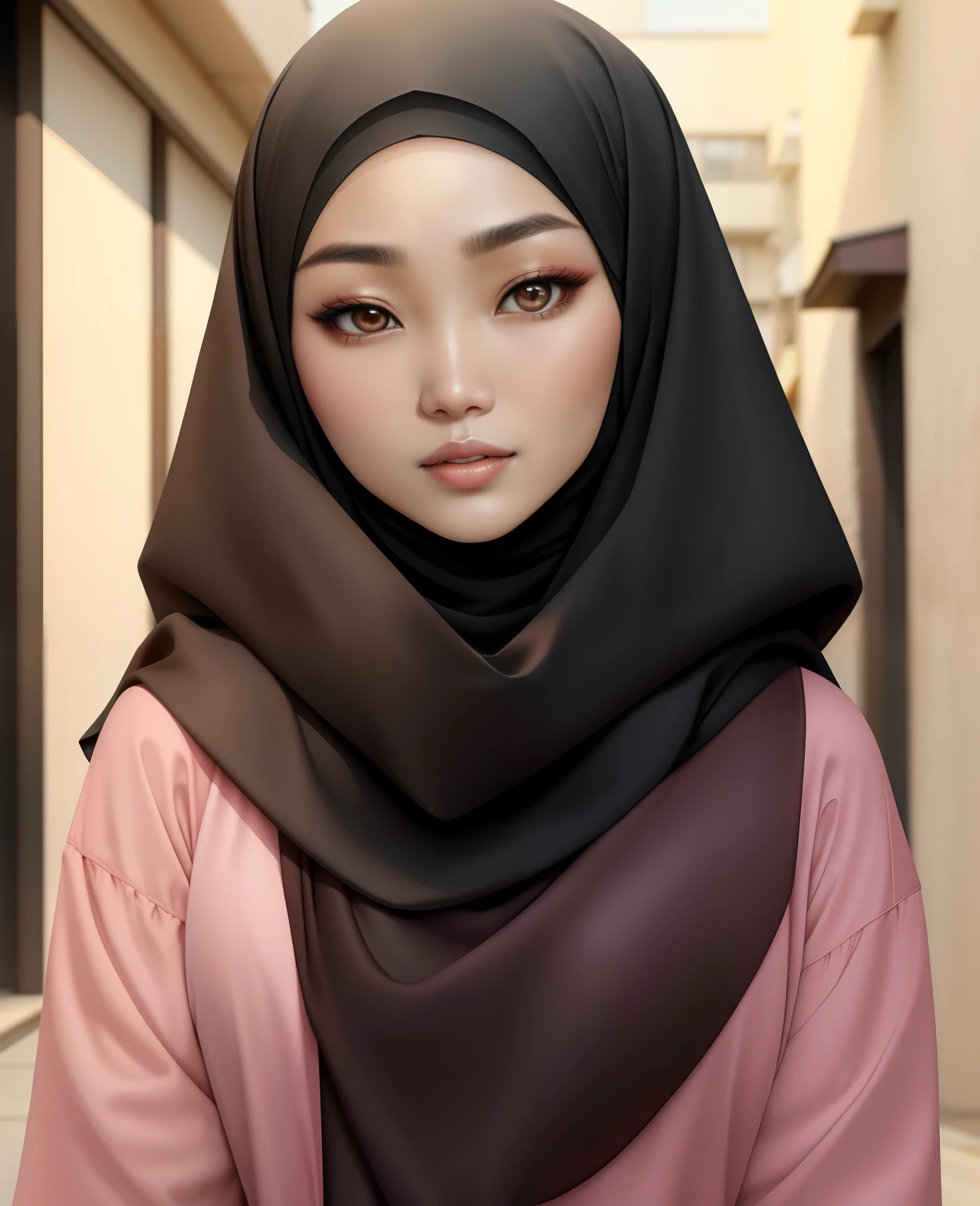 Korean girl, beautiful girl in hijab, 1 girl, perfect face, expressive eyes, makeup, eyeshadow, eyeliner, luxurious hijab, patterned hijab, hijab decoration, brooch, shiny lips, ray tracing, radio city, Anisotropic filtering, 16,000, best quality,mountaineering equipment、laugh、orange sunset