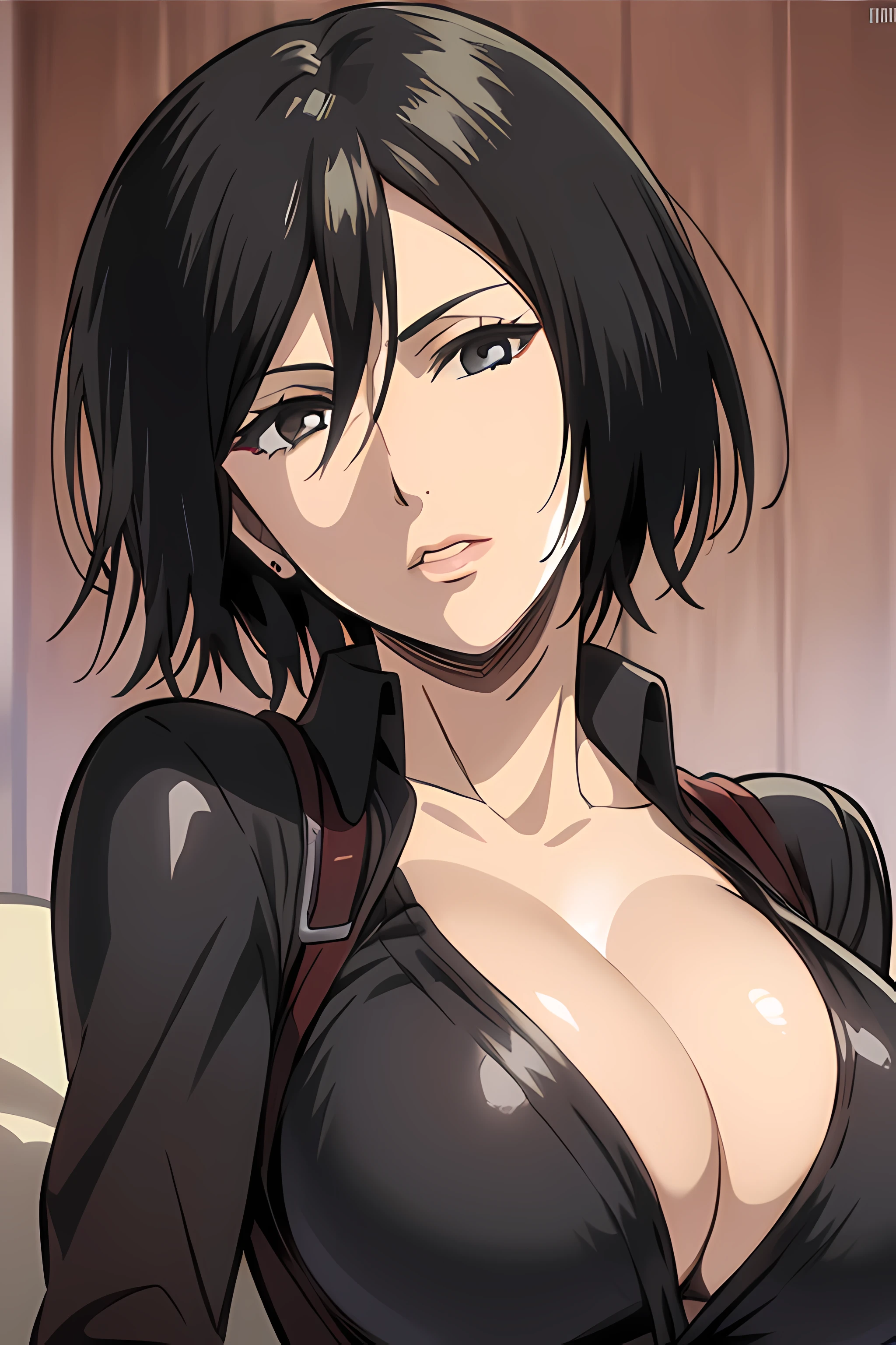 1girl, mikasa ackerman, (black hair:1.3), hair between eyes, short hair, sideburns, gray eyes, lips, cleavage, big breasts, close up, solo, lips, masterpiece, best quality,