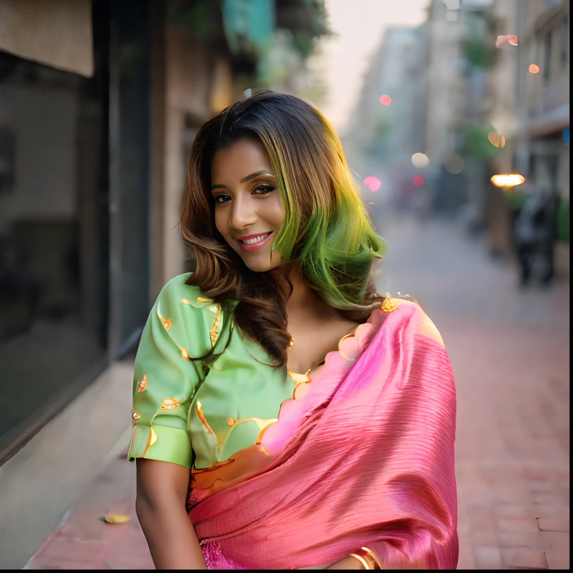 a woman in a green sari posing for a picture, draped in fleshy green and pink, candid picture, with lovely look, stylish pose, mid shot portrait, candid shot, shot on 1 5 0 mm, * colour splash *, candid photograph, traditional beauty, with a seductive smile, candid photo, by Max Dauthendey, with beautiful colors, ((film grain, skin details, high detailed skin texture, 8k hdr, dslr)), photography taken by sony DSLR, Hd image