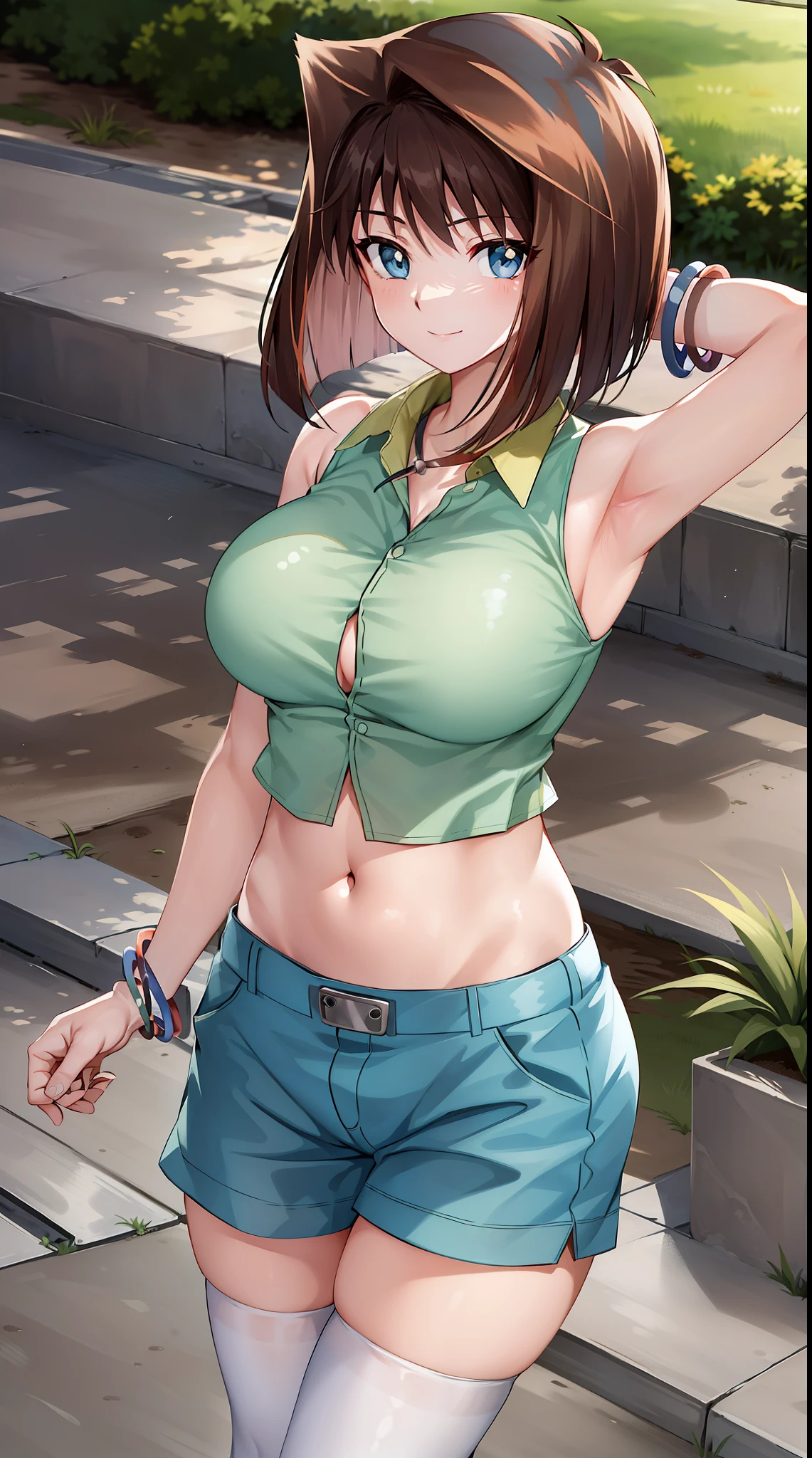 巨作, Best Quality, highres, Amazake, (Antenna hair:1.2), medium  breasts, Green shirt, sleeveless, bracelet, waistband, Blue Shorts, white thighhighs, cowboy shot, Standing, outdoors, smile, His hand on his hand, Huge breasts navel