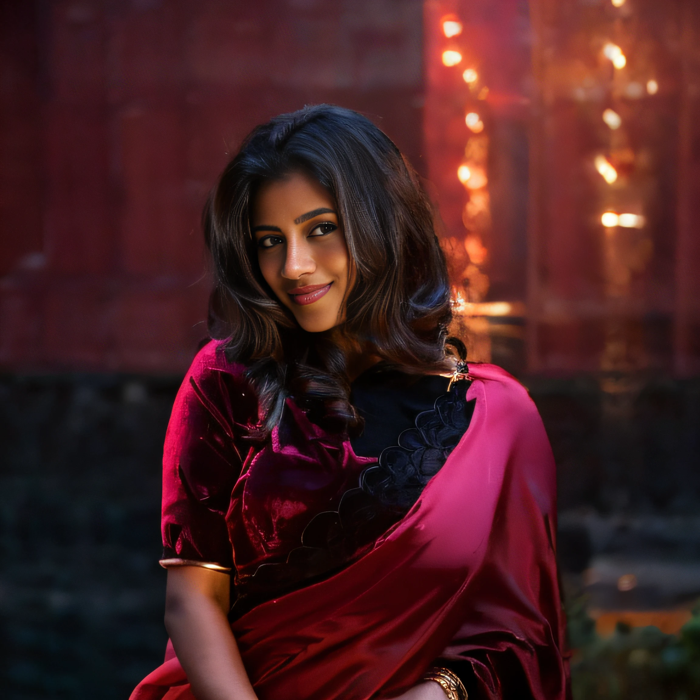 a srilanka female model 25yo in a black croptop with medium breast posing for a picture, draped in fleshy off black and pink, with lovely look, stylish pose, mid shot portrait,  shot on 1 5 0 mm, * out door background *, realistic photograph, traditional beauty, with a seductive smile, photo hd, by rajesh soni, with beautiful colors,   ((film grain, skin details, high detailed skin texture, 8k hdr, dslr)), photography taken by sony DSLR, Hd image