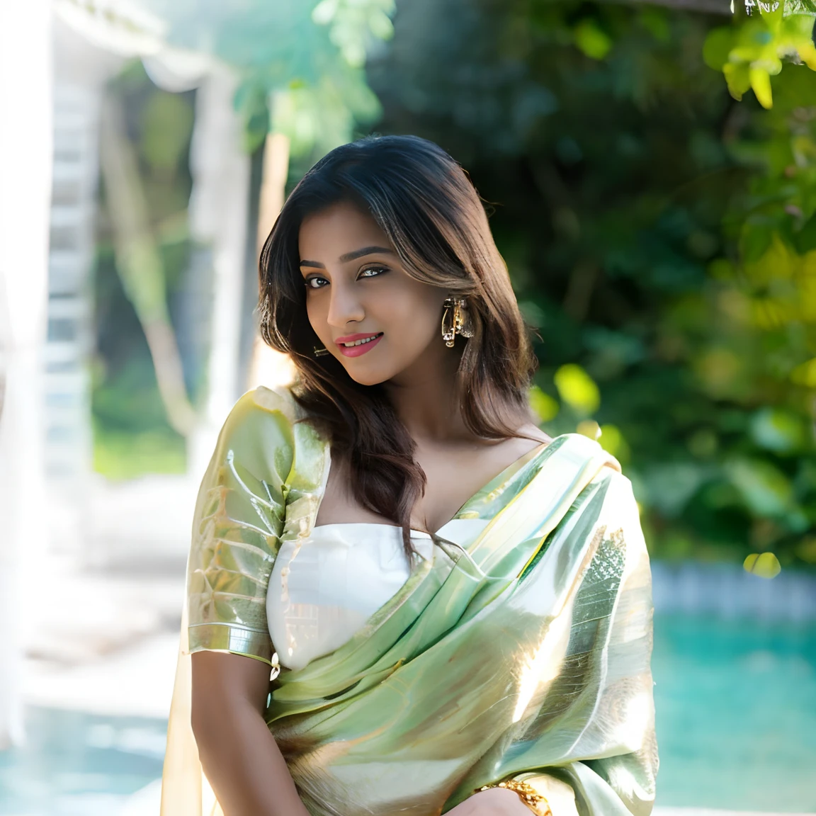 a srilanka female model 25yo in a white sari withbig  breast posing for a picture, draped in fleshy off white and green, with lovely look, stylish pose, mid shot portrait,  shot on 1 5 0 mm, * out door background *, realistic photograph, traditional beauty, with a seductive smile, photo hd, by rajesh soni, with beautiful colors,   ((film grain, skin details, high detailed skin texture, 8k hdr, dslr)), photography taken by sony DSLR, Hd image