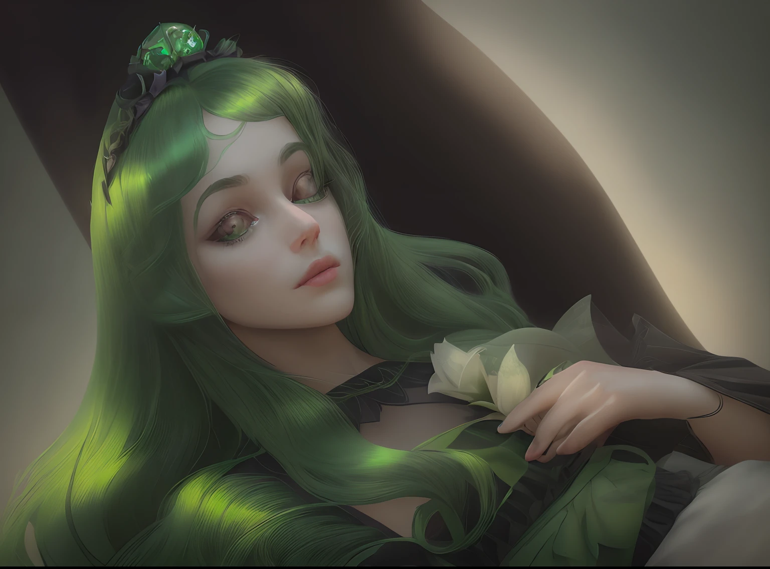 A girl with the most realistic green hair, wearing a black flower crown on a dark background.
【Screen Principal】A girl with the most realistic green hair, wearing a black flower crown
【Material】Photorealistic, ultra-fine painting
【Additional details】The girl has emerald green hair that is incredibly detailed and looks very realistic. She is wearing a crown made of black flowers that adds an elegant touch to her appearance. The crown is adorned with intricate details, including delicate petals and leaves.
【image quality】(best quality,4k,8k,highres,masterpiece:1.2),ultra-detailed,(realistic,photorealistic,photo-realistic:1.37), HDR, UHD
【art-style】Portraits, concept artists
【Color tones】Green tones dominate the image, creating a mystical and enchanting atmosphere. The shades of green used in the girl's hair are vibrant and realistic, making them stand out against the dark background.
【lamplight】The lighting in the image is soft and focused on the girl's face. It accentuates the details of her hair and the flower crown, creating a sense of depth and realism.