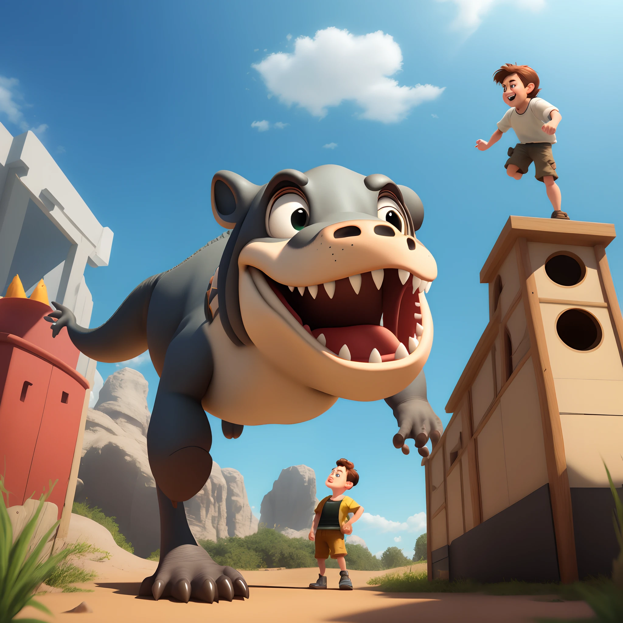 create a disney style image pixar style artoon 3 D surealist The Adventures of the Boy and the friend T-Rex In this chapter,  A nice boy named Tim