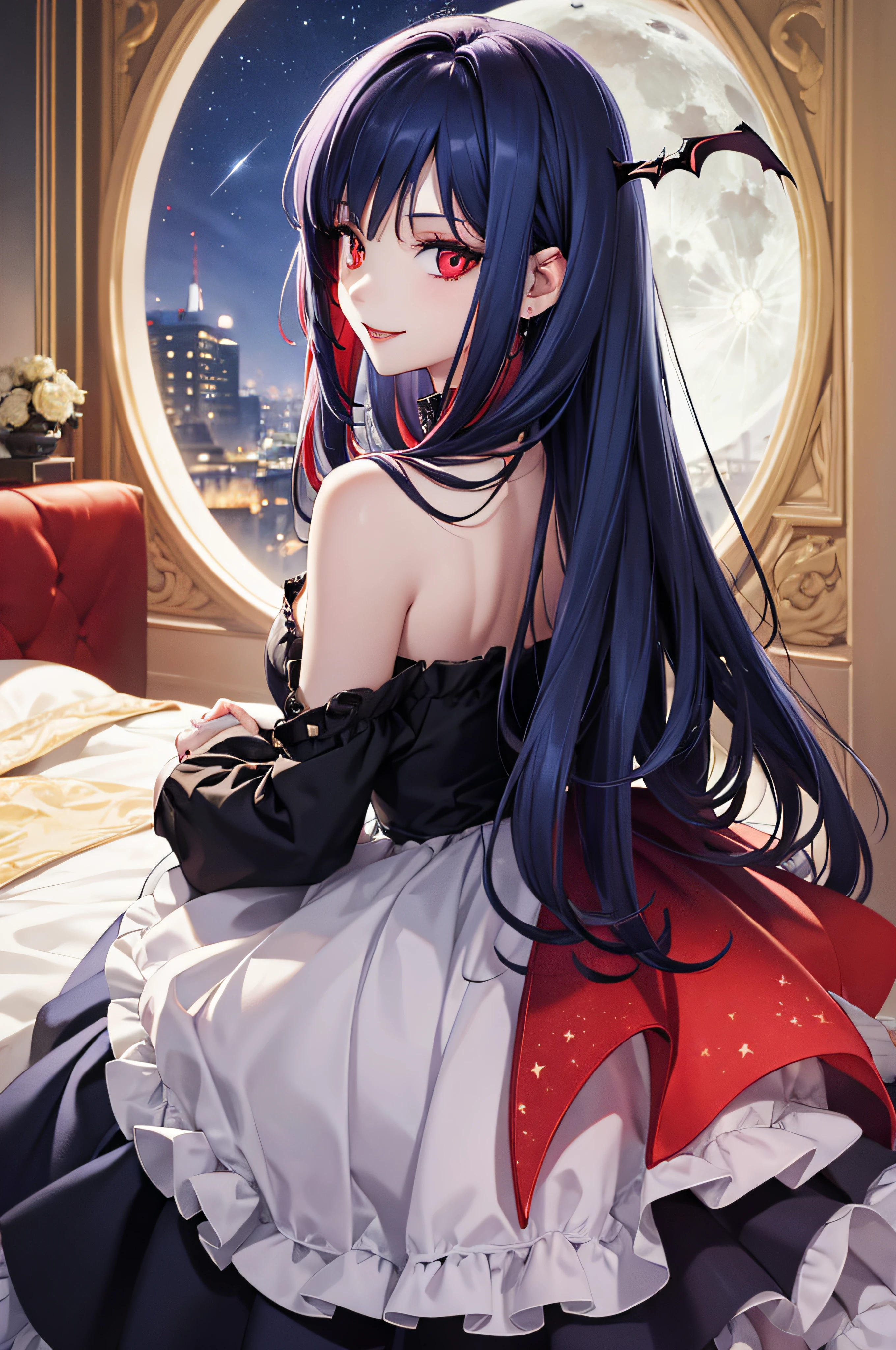 vampire, half dark blue hair half red hair, red eyes, moon, stars, looking back, smile, best quality, dress,