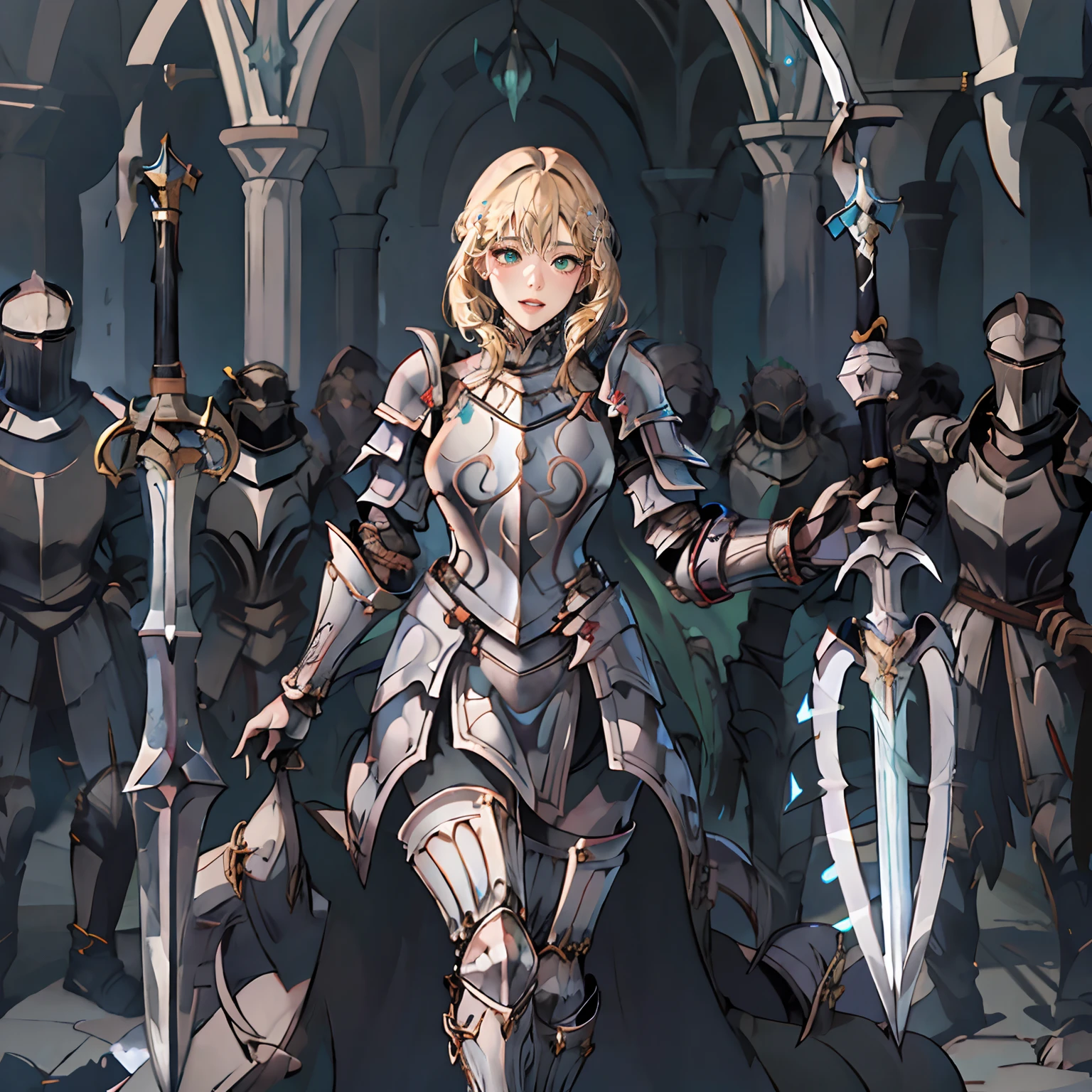 Women in Their 20s、2 females:2.0、femele、fantasy worlds、realisitic、Soft shading、Round jaws、Blue-green eyes、Big eyes、delighted expression、Staring at this、platinum-blonde-hair、Woman in armor holding a sword, armor girl, Female knight, large full breasts、full armor, full armor, Gorgeous Female Paladin, Female knight, of a beautiful female knight, Beautiful armor, Plump、thick waist、Wide waist、full armor, s Armor、Gorgeous full-body armor, stunning armor, beautiful female knight、Decoration with black pattern、holding a greatsword、Sword that emits light、Steel Spear、Great Sword of Steel、delighted expression、Looking here、Staring at me、Forest and mountains in the background