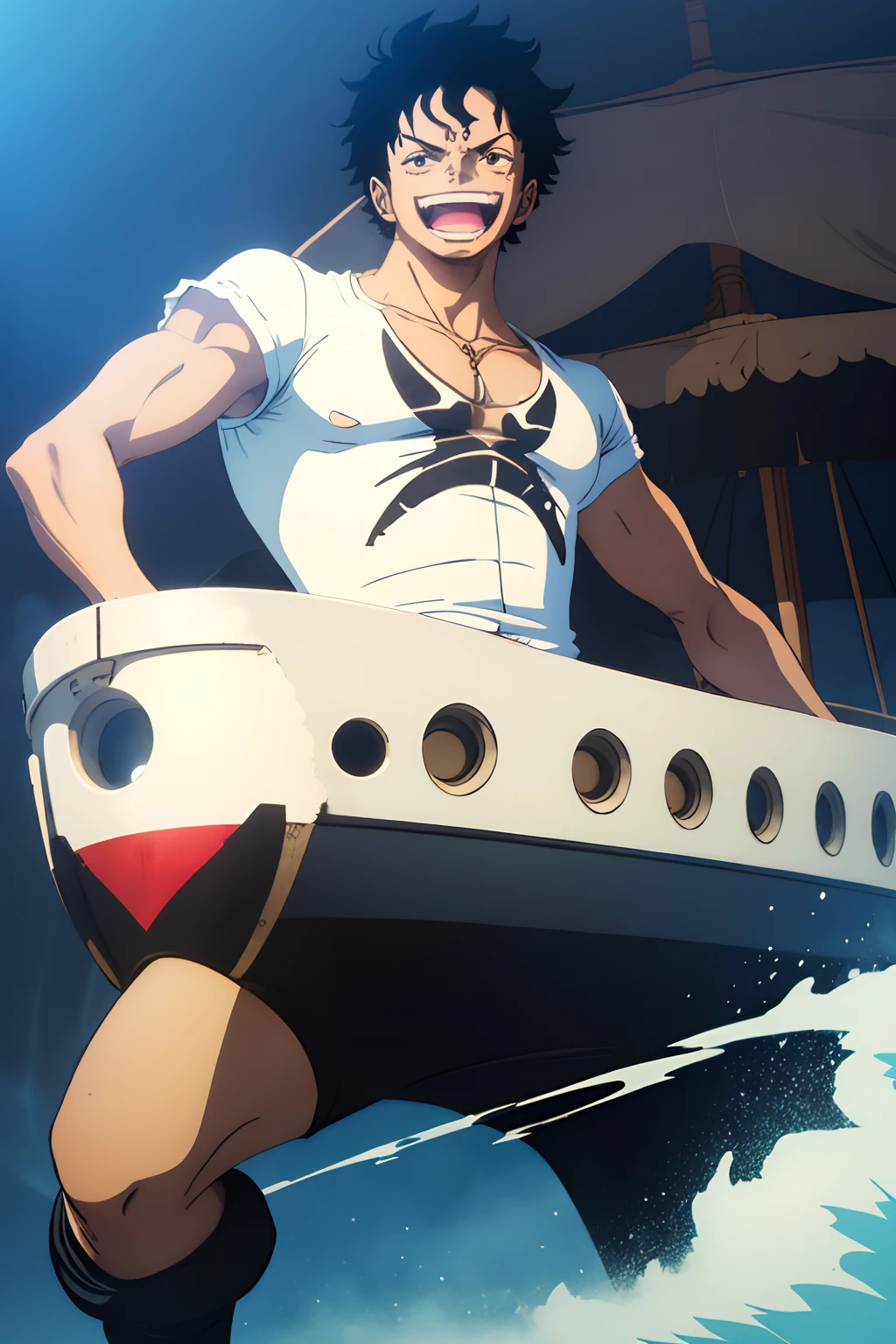 1boy, happy, black short curly hair like michael jackson, white shirt with no symbols, black boots, one piece style, good looking guy, beautiful eyes and face, on a big ship, mist, smoke effect, looks happy