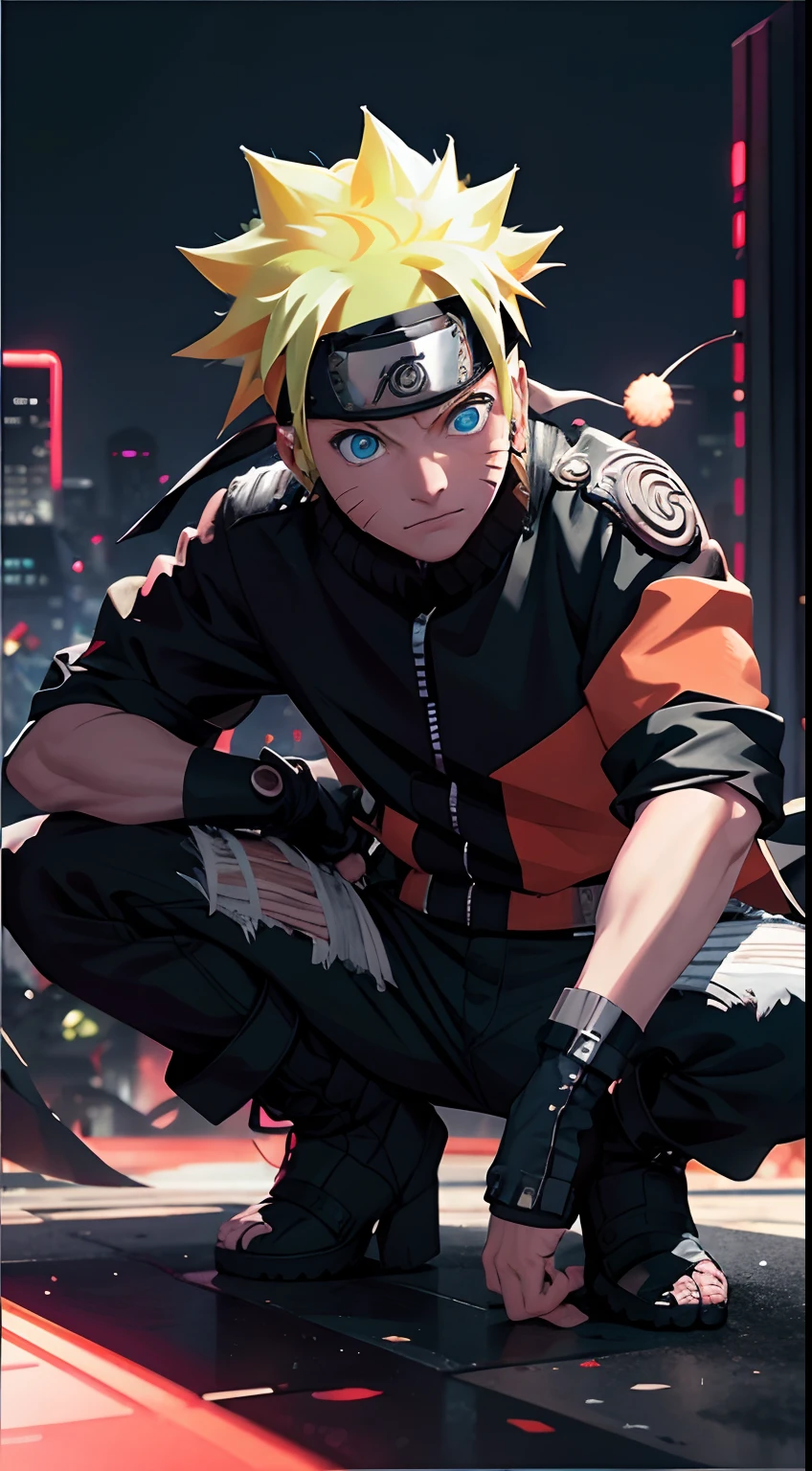 portrait, neon, 1 boy, shonen style, spiky blonde hair, scratches on cheeks, black and red clothing, leather jacket, jeans, boots, bandana with leaf symbol, perfect eyes, cool, blue eyes, full body, color --name Naruto Uzumaki --night background city with futuristic buildings and holograms