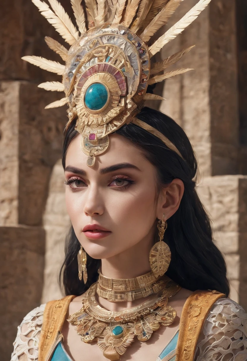 (best quality,4k,8k,highres,masterpiece:1.2),ultra-detailed,(realistic,photorealistic,photo-realistic:1.37),portraits,Maya priestess,Kukulkan Temple,vibrant ceremonial headdress,intricate jewelry,serenely gazing towards the heavens,awe-inspiring grandeur