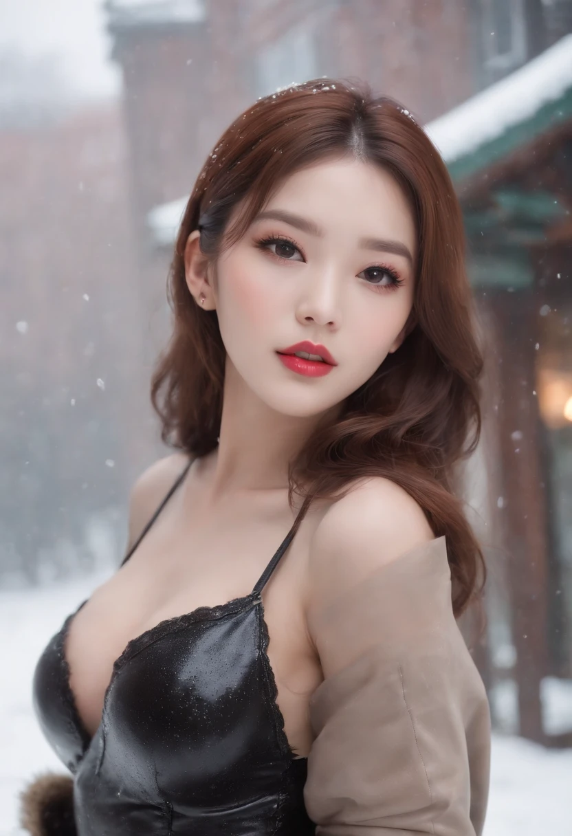 (hyperrealistic), (photorealistic), (masterpiece), (best quality), (1 girl), (solo), (erotica: 1.2),
(finely detailed face), (high resolution: 1.4), (complex details: 1.4), arrow at the waist, slender body, slim slim body (gap between thighs: 1.3), abdomen,
RAW, best quality, ultra-high resolution, photorealistic,
(Ulzzang - 6500:0.4), (pureErosface_V 1:0.1), (Pop Idol, Korean Beauty, Korean Mix),
(cute pretty beautiful 18-year-old Korean girl:1.2),
(latex leather+glossy leather+shiny leather), (aegyo sal:1.2), (makeup: 0.6),

(look at the viewer), (fur coat + long trench coat: 1.2),
(black glowing latex oil competition swimsuit), (black latex thighs),

(street, night, [[fog]], heavy snow, glowing particles, falling snow), (whole body + wide-angle shot: 1.2),
(multi-colored, snow piled up on the background, snow on the road), cinematic lighting,

(long eyelashes + smoky eyeliner + eye glitter + red eye shadow + red glossy lips + erotic sexual makeup with glitter: 1.1),
(beautiful women of the highest quality: 1.1) (full eyes, full face: 1.1),

(ahegao: 1.0), (plain language: 1.3), (tongue_out:1.0), (open_mouth: 0.9), (round_tongue:1.1), (standby language: 1.0),

above