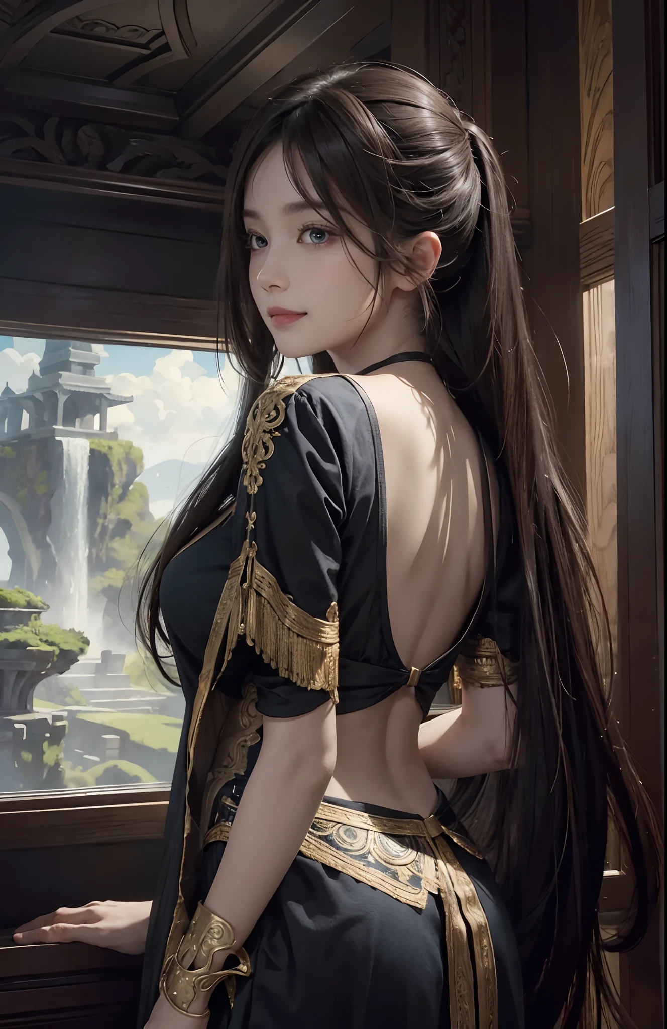 ((tmasterpiece:1.4)、(top-quality:1.4)、(reallistic:1.7))、By Luis Royo（By Luis Royo）Surreal portrait of a beautiful girl、Super beautiful girl、((1girl in:1.4))、Shiny natural skin texture、(The Queen's Gorgeous Costume)、((Sheer off-the-shoulder white one-piece mini skirt type:1.4))、((up skirt)),Authors：By Luis Royo（By Luis Royo）、age19、(Two arms:1.4、Two legs:1.4)、(perfect anatomia:1.4)、(Perfect female body:1.4)、Portrait photo of a girl、Close-up photos、Upper body photography、Fantasyart、Soft front light、Beautiful expression、kawaii faces、Beautiful udder、large full breasts:1.2、Beautiful ass、A detailed eye、Clearly eye-catching, beautiful and alluring、beautidful eyes、Narrow waist、Raw photo、red rip、Arrange your long hair as cool as a queen、(tiara crown:1.4、choker necklace:1.4、a necklace:1.4、耳Nipple Ring:1.4)、1 screen display、((In front of the city walls、Woman standing in front of bench)),((Translucent off-shoulder white dress))、((A smile)),((posterior view))、((Looks Back))、((White T-back panties visible)),((erection)),
