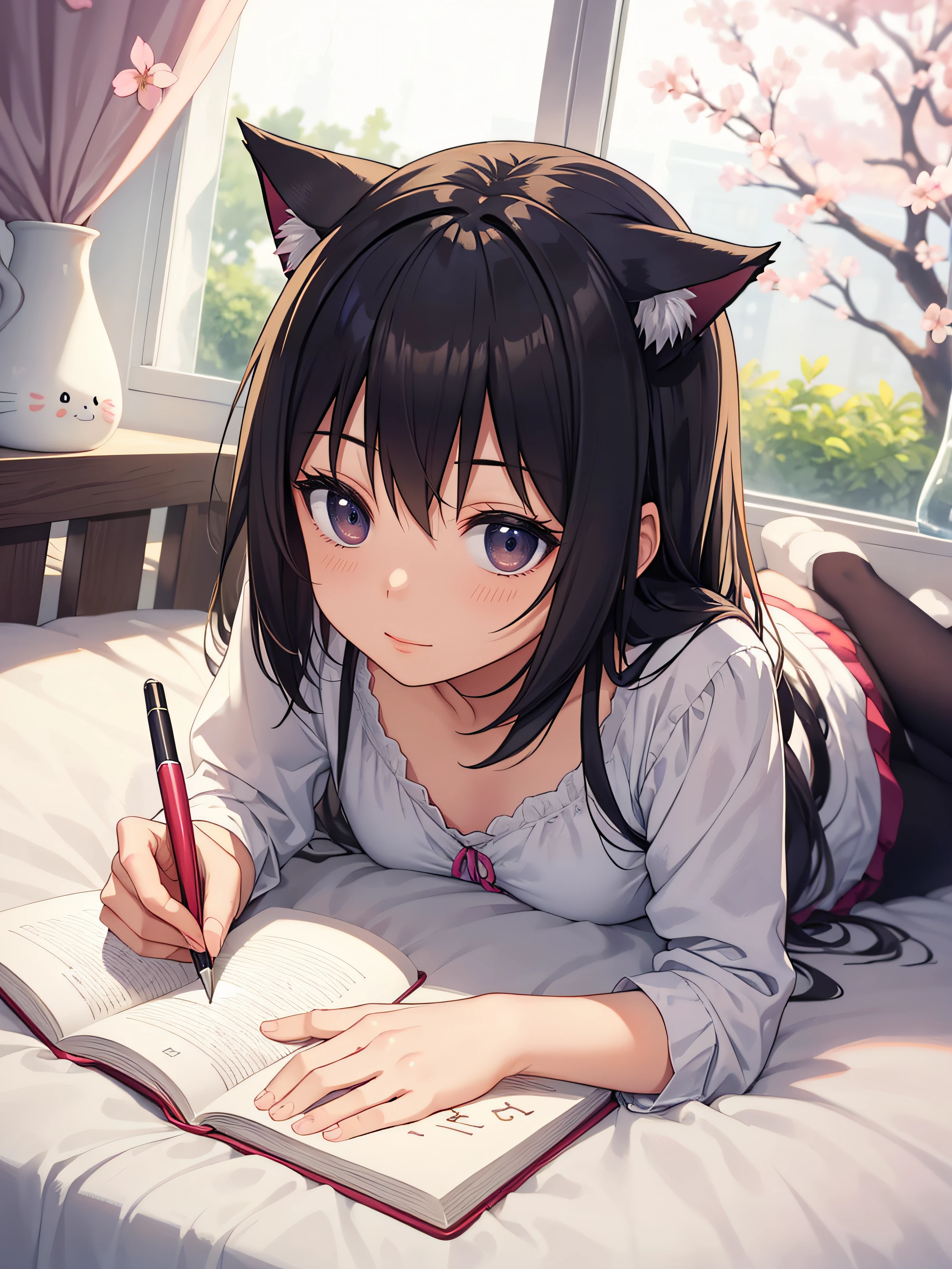 cute anime girl lying on bed, writing in journal, cute cat on bed, cherry blossom outside window