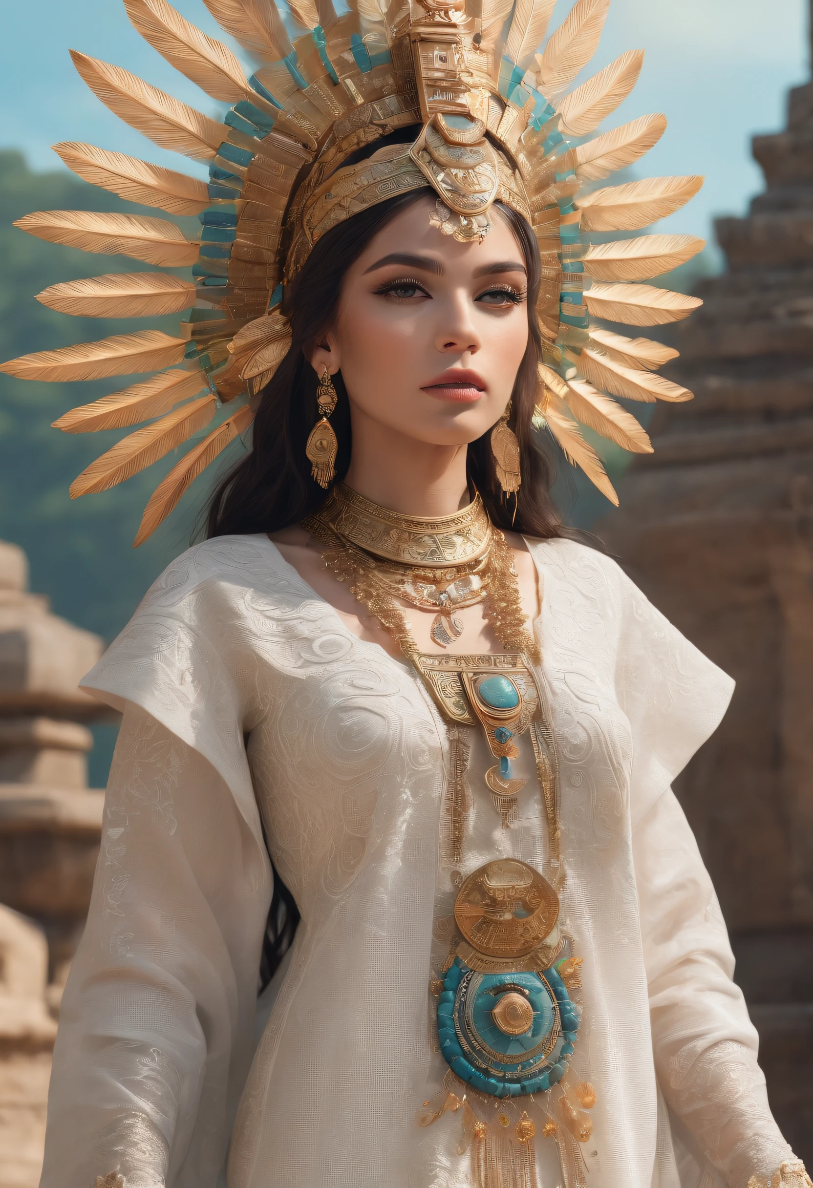 (best quality,4k,8k,highres,masterpiece:1.2),ultra-detailed,(realistic,photorealistic,photo-realistic:1.37),portraits,Maya priestess,Kukulkan Temple,vibrant ceremonial headdress,intricate jewelry,serenely gazing towards the heavens,awe-inspiring grandeur