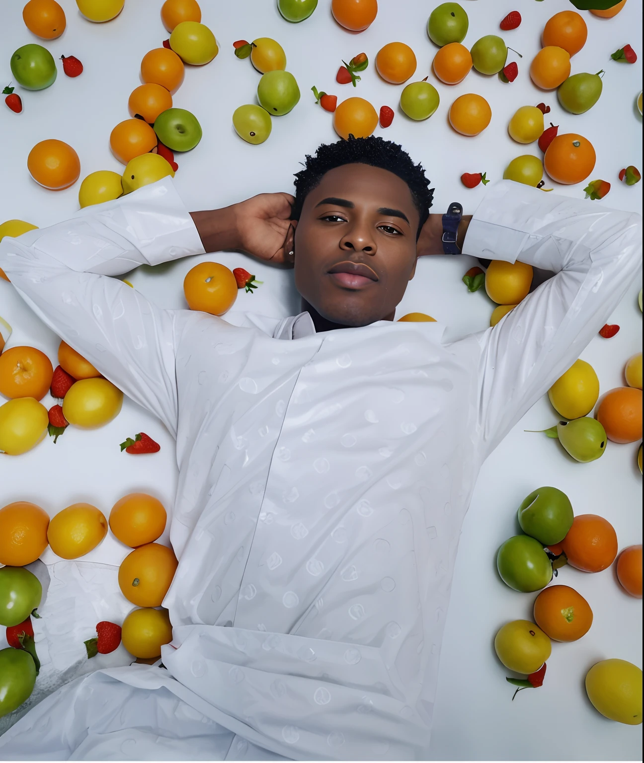 there is a man laying on a bed of fruit with his hands on his head, mixed art, still from a music video, photo shoot, photo from a promo shoot, obunga, promo still, photoshoot, promo shot, fruit celebrity, album art, music video, in front of an orange background, cool pose, promo art, stylish pose, accurate depiction, best quality