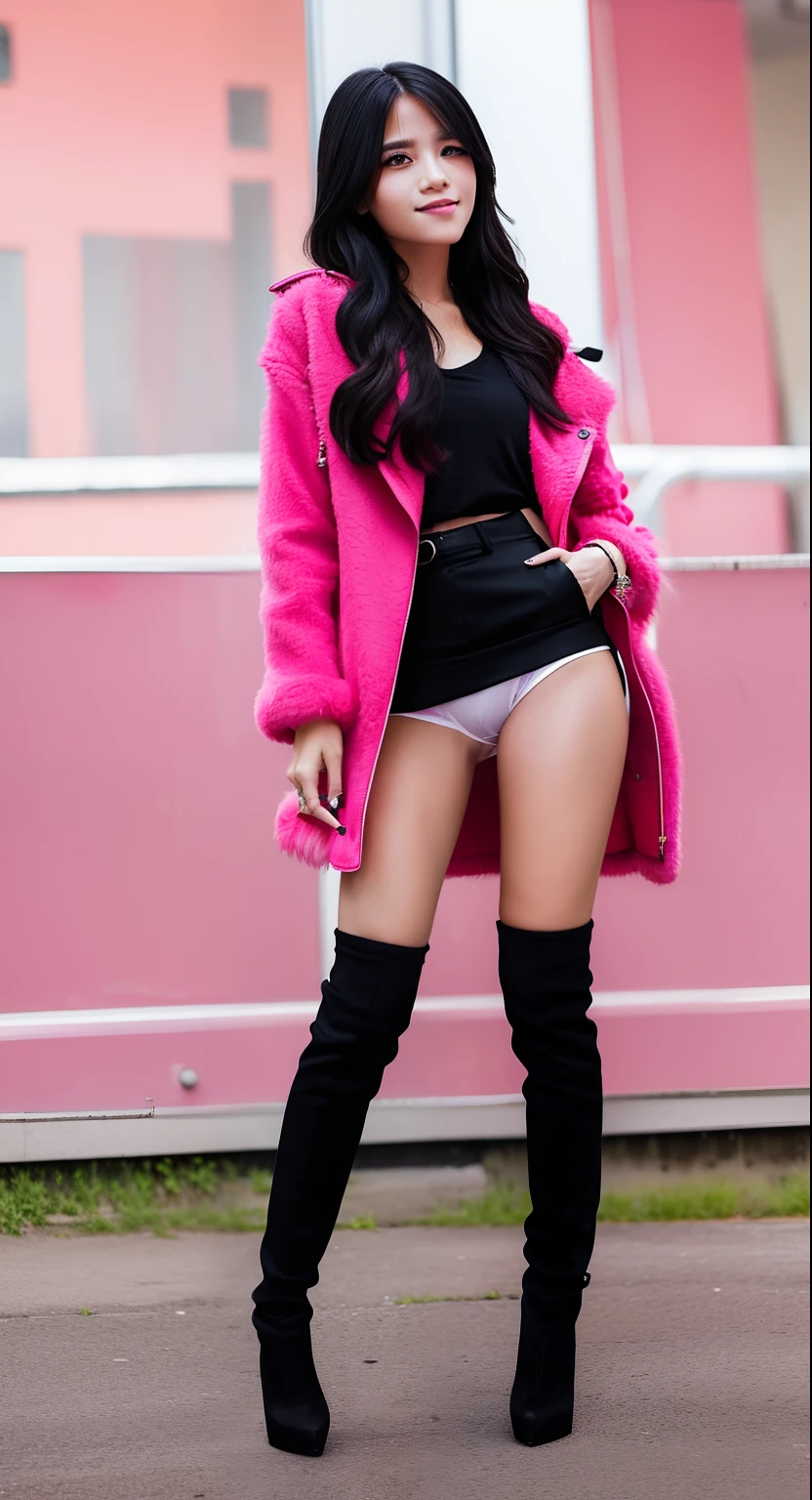 Young girl, Strict jacket, tight panties, stylish, long black hair, glare expression, little smile, eyeshadow, staring intently, full body, high heels, pink polish nails, outdoor, beautiful face, masterpiece
