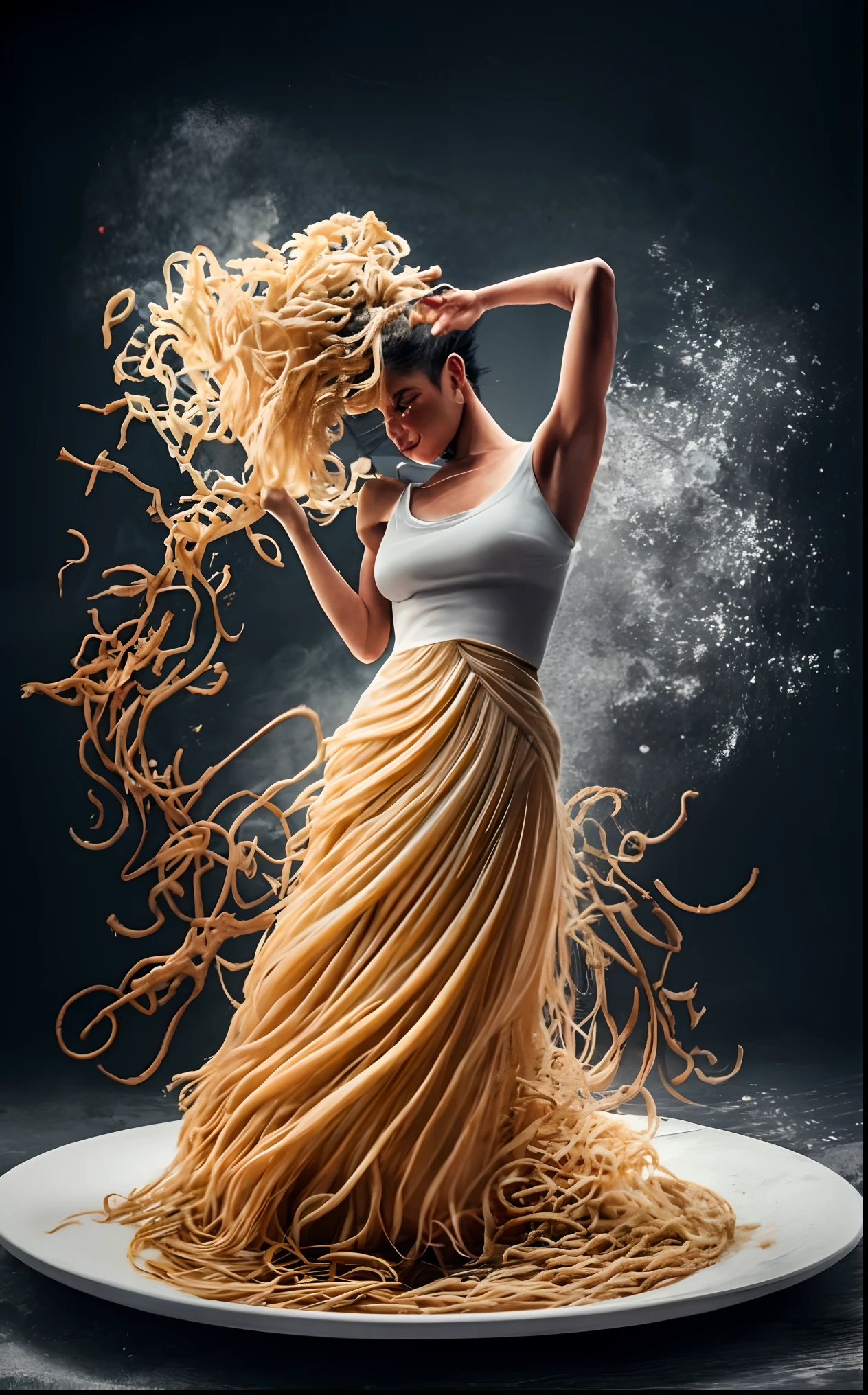 A woman in a long dress stands on a plate with spaghetti, inspirado por Maciej Kuciara, tela fluida, Cabello que fluye, Por Maciej Kuciara, Dynamic dance photography, vestido hecho de fuego, intrincadas olas de pasta, su cabello fluyendo hacia abajo, vestido fluido, Pelo largo de color naranja flotando en el aire, Cabello espagueti, hecho de espaguetis