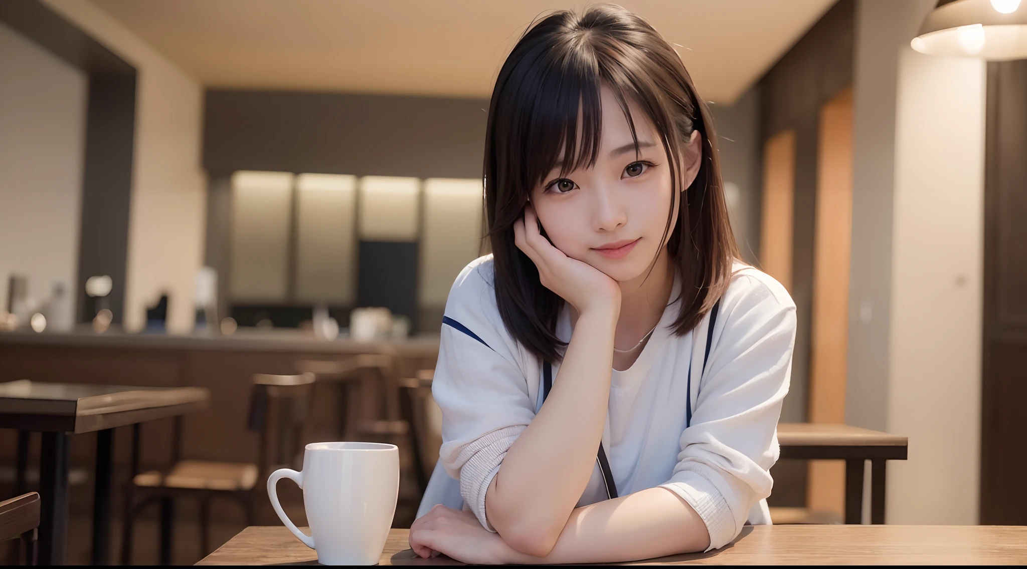 (1人の女性)、(in 8K, Best Quality, masutepiece:1.2), ( Photorealsitic:1.37), Ultra-detailed,Best Quality, 超A high resolution, Professional Lighting,Physically-based rendering, Cinematic lighting, masterpiece、top-quality、hight resolution、profetional lighting、a smile、Drinking coffee in a café