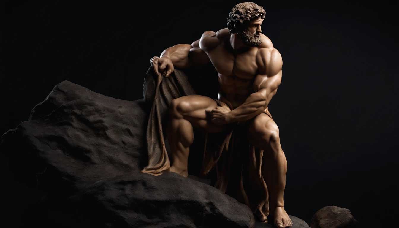 Stoic Hercules style Greek statue with highlighted muscles dark background